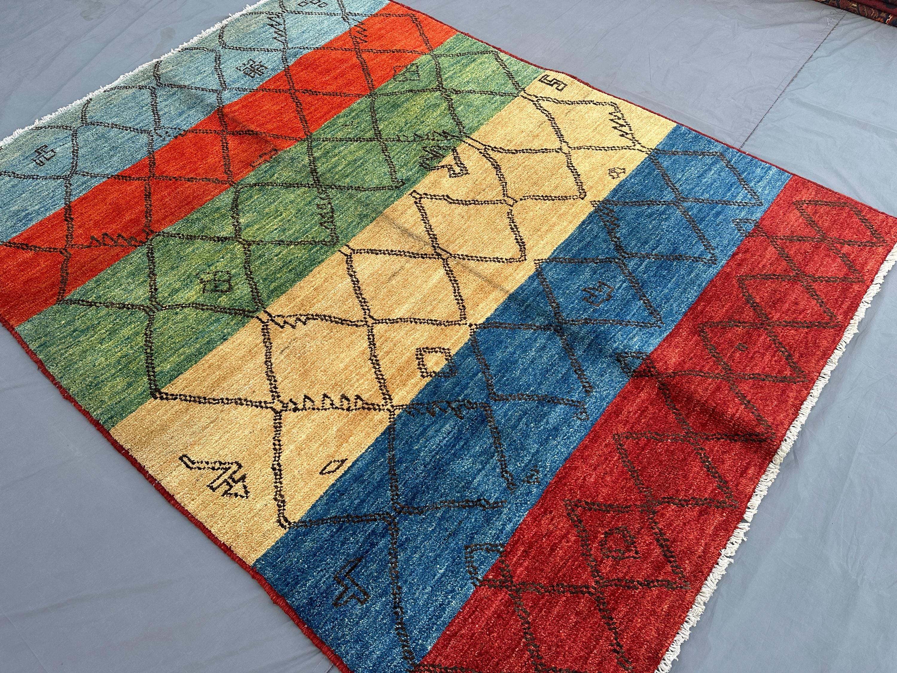 5'7x7'4 ft Afghan Hand Knotted Gabbah Berber Rug | Colorful Modern Wool Area Rug | Tribal Geometric Design Handmade Afghan Carpet Home Decor