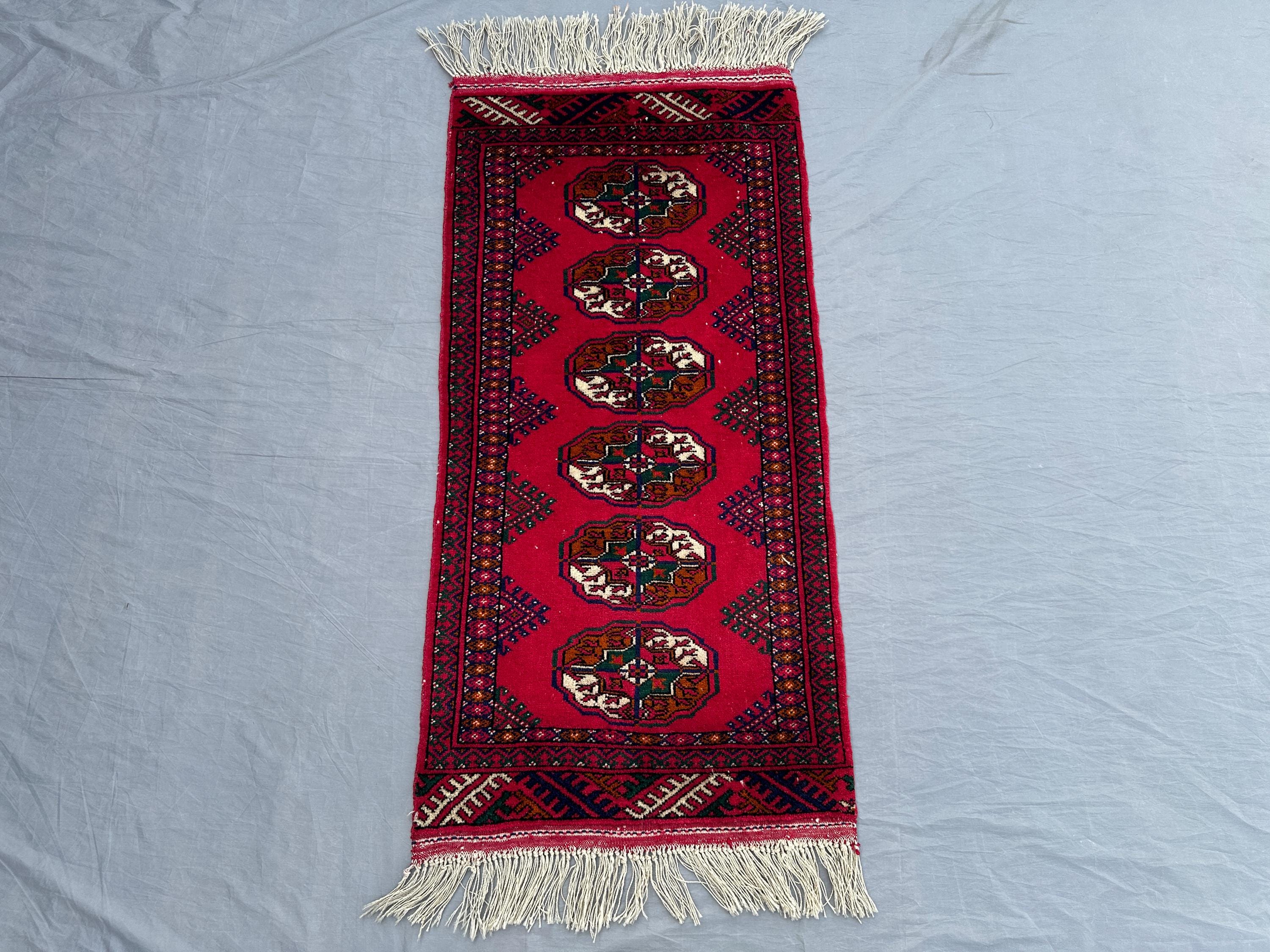 2x4 Vintage Pakistani Rug | Hand-Knotted Wool Tribal Carpet | Bukhara Style Red Runner | Small Oriental Accent Rug for Entryway, Laundry Rug