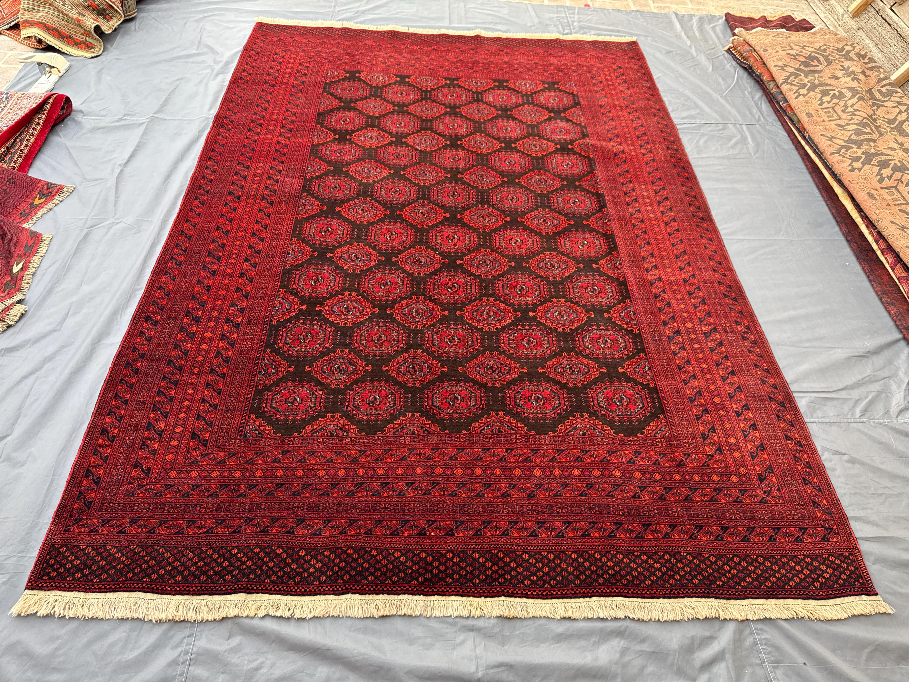 Red 7'4x10'6ft Turkoman Traditional Large Area Rug, Handwoven Wool, Geometric Design, Oriental Carpet, Living Room Décor