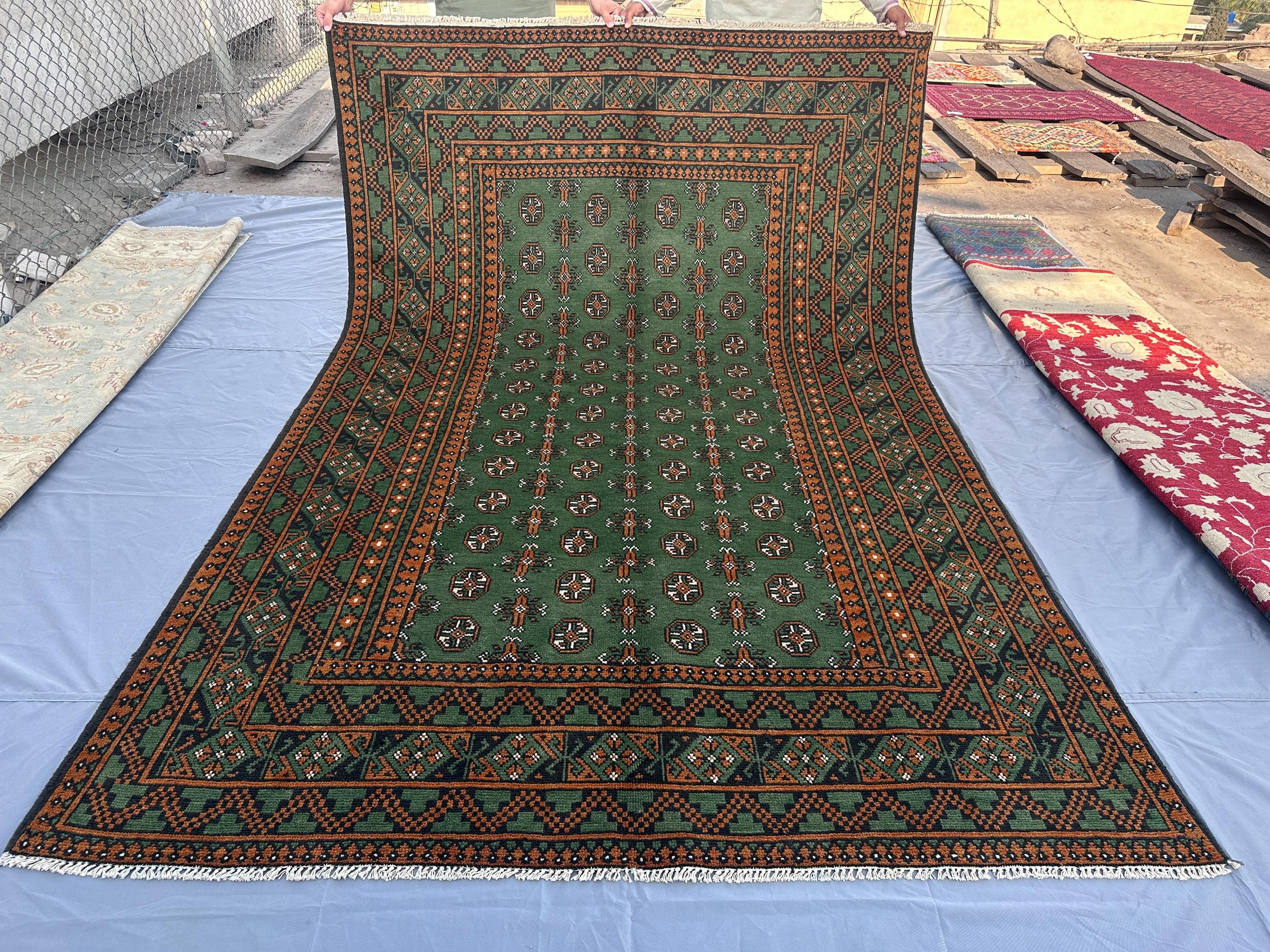 7x10 Green Modern Afghan Rug, Hand Knotted Turkmen Bukhara Rug, Wool Mowri Carpet, Nomadic Geometric Oriental
