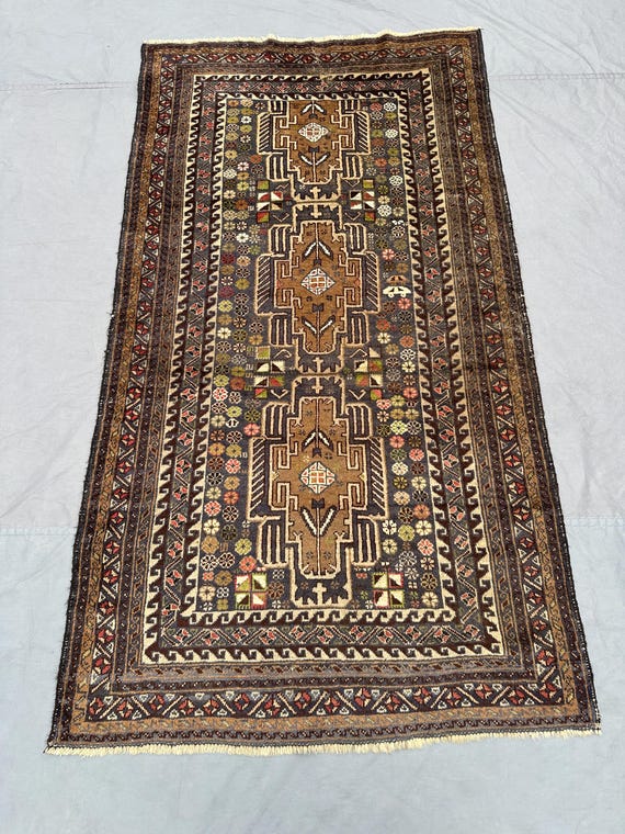 4x7 Afghan Baluch Rug | Hand-knotted Wool Tribal Carpet | Vintage