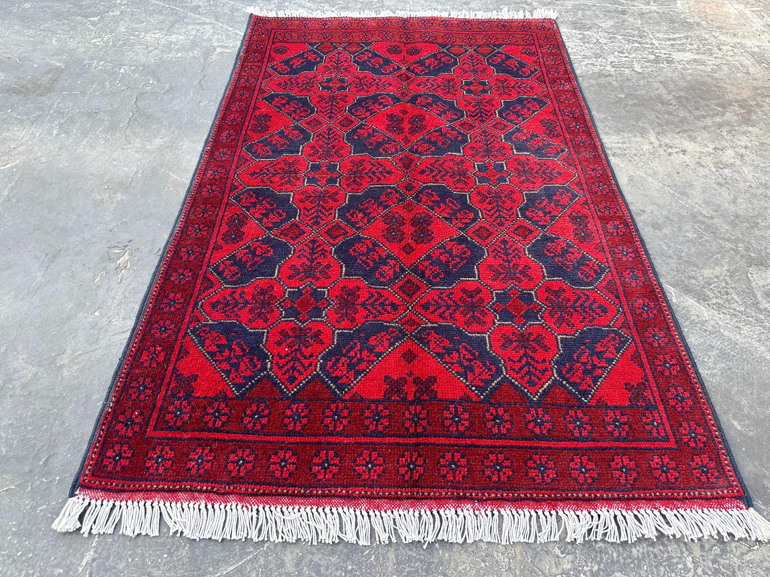 Afghan Hand-Knotted Khal Mohammadi Rug 2'8" x 4'1" | Traditional Red Bukhara Wool Carpet | Small Tribal Accent Rug | Handmade Geometric Rug
