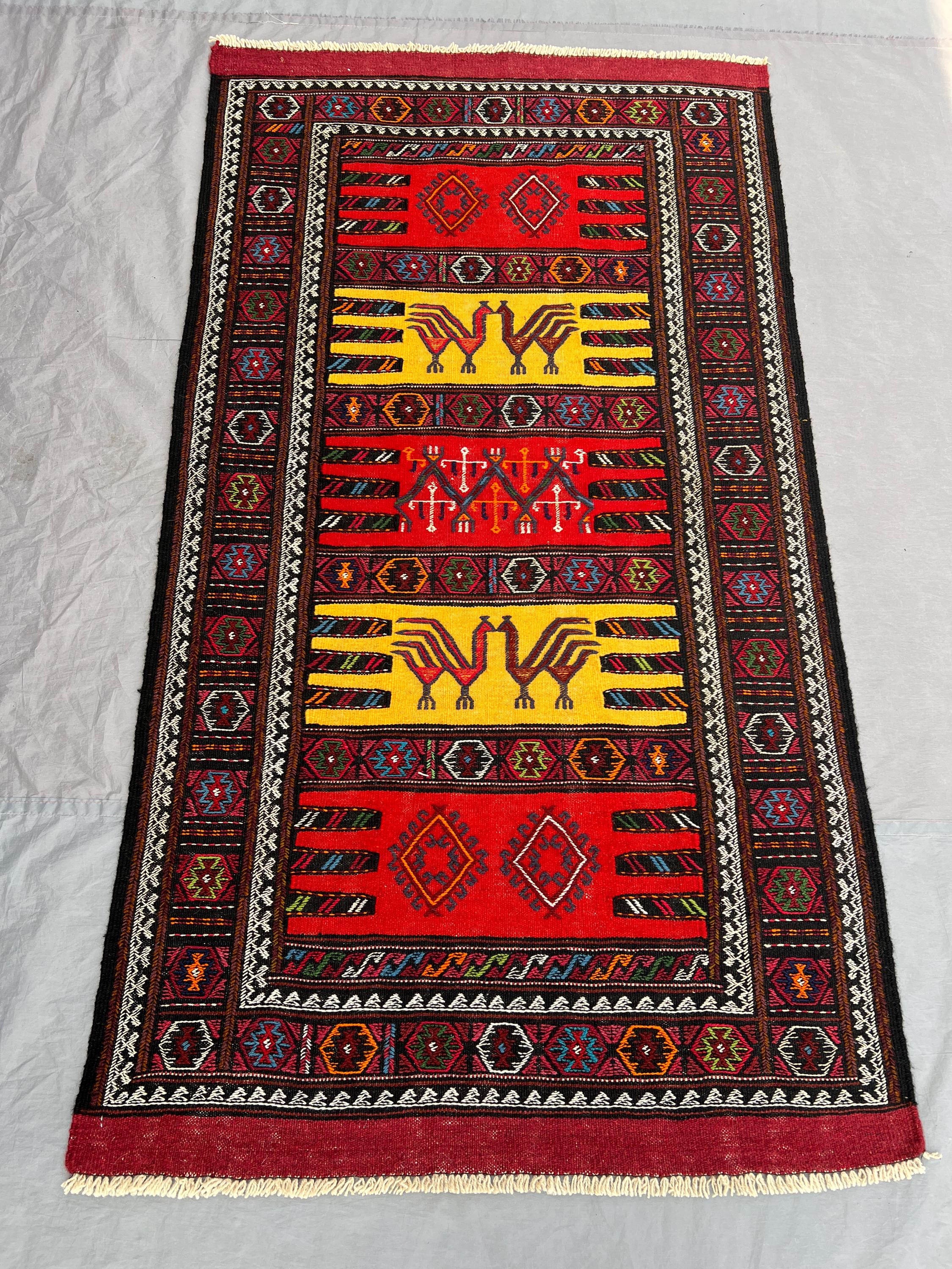 3'3 x 5'11 Ft Handmade Afghan Kilim Flatweave Rug – Vibrant Red & Yellow, Geometric Patterns, Traditional Wool