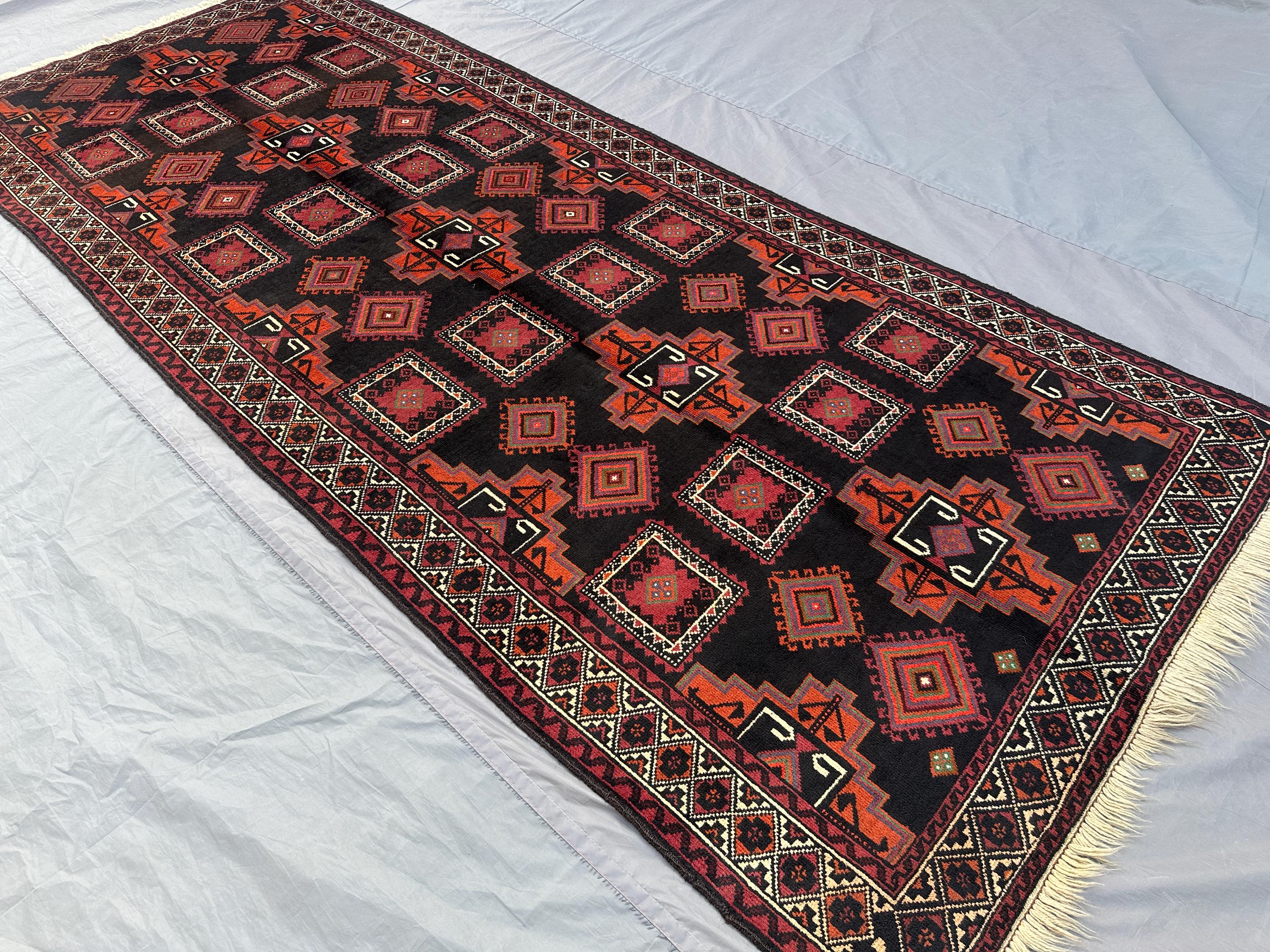 Afghan Hand-Knotted Baluch Runner Rug 3'9x9'6 ft Wide Tribal Wool Rug, Vintage Geometric Carpet | Handmade Afghan Wool Runner, Hallway Decor