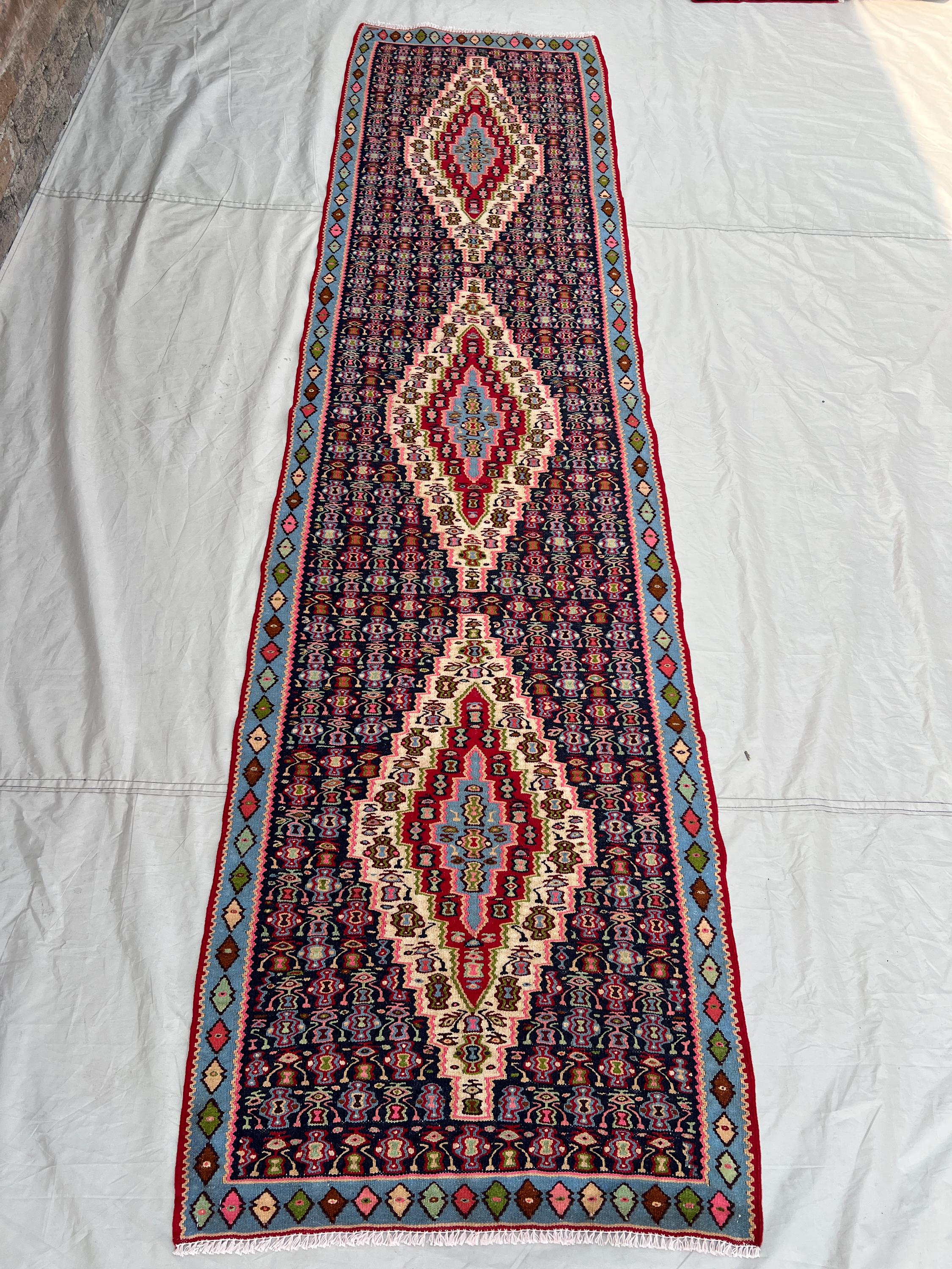 2'6x9'5Ft Vintage Afghan Senneh Kilim Runner Flatweave | Navy Blue Floral Medallion Chain | Handwoven Wool Rug