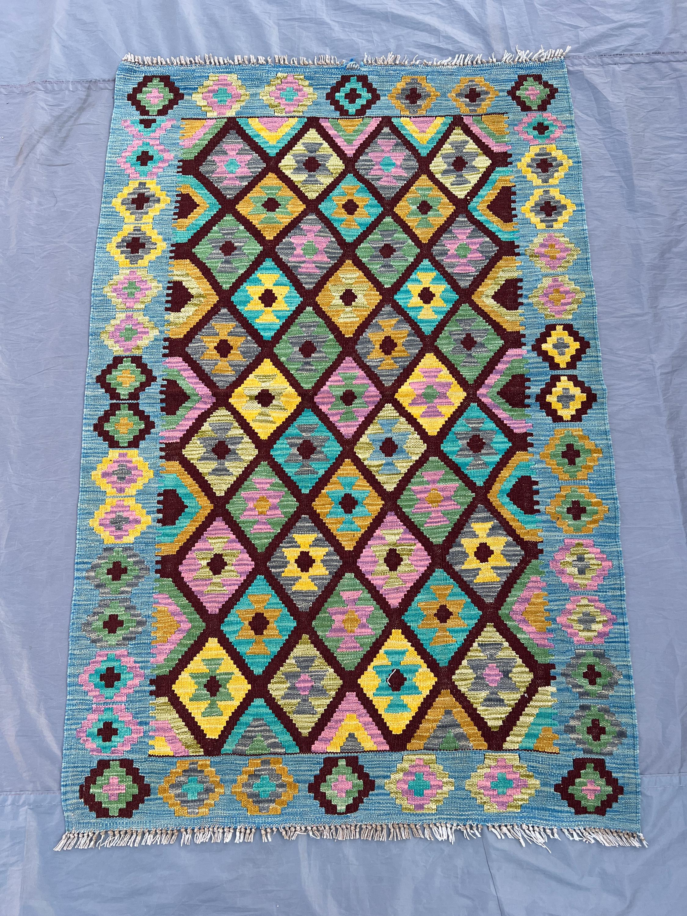 Afghan Kilim Rug 3'4x5 ft | Colorful Tribal Wool Flatweave Rug | Handmade Boho Ethnic Area Carpet | Blue Geome