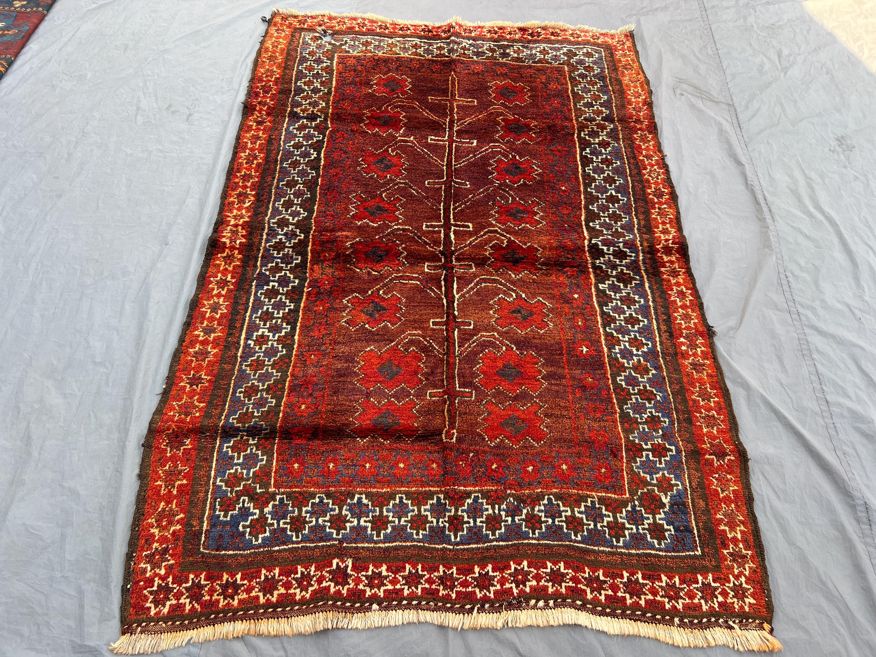 Vintage Afghan Bukhara Rug 5x7, Hand Knotted Red Wool Area Rug, Tribal Geometric Carpet, Boho Nomadic Living R