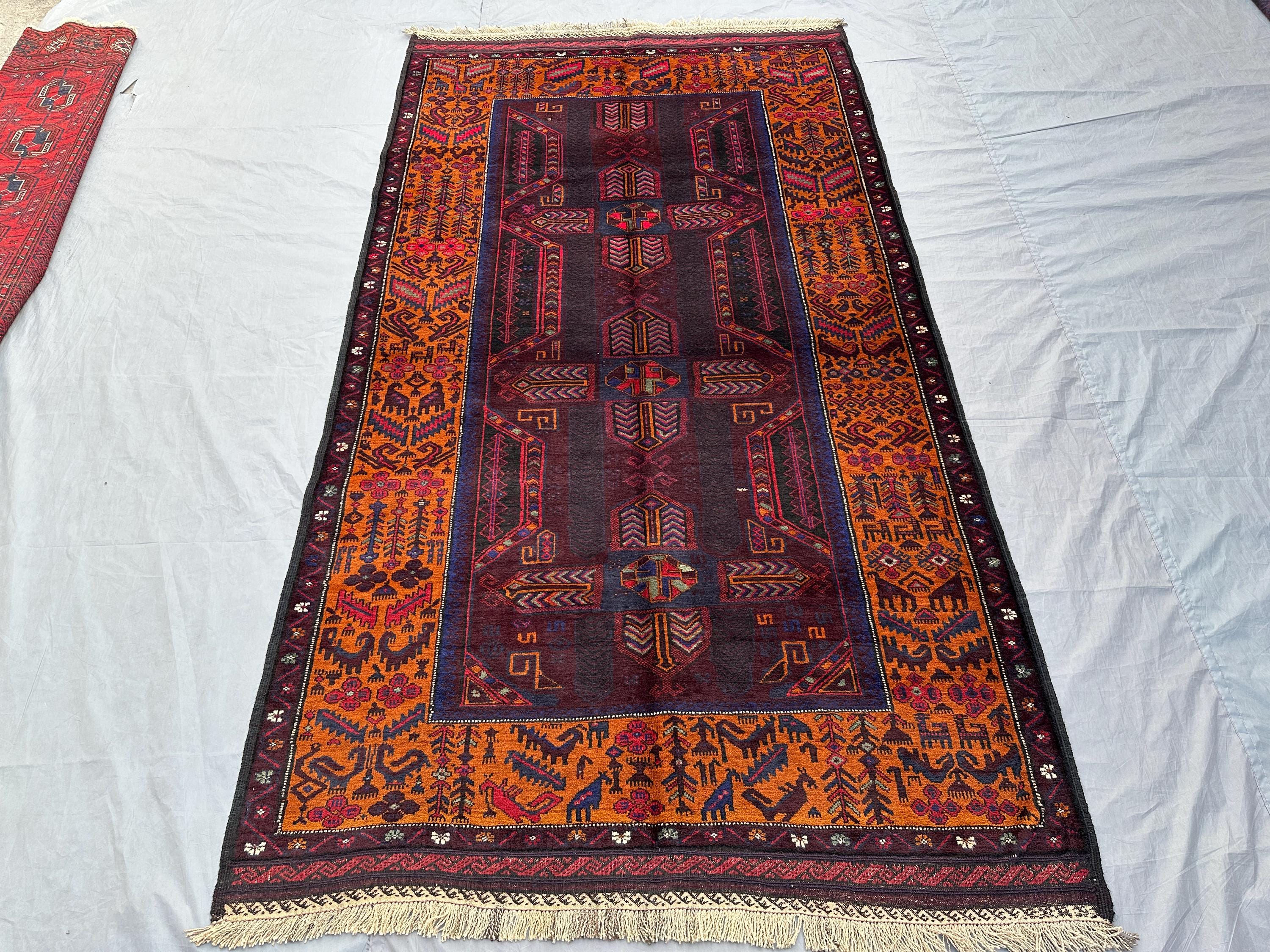 4'7x8 ft Afghan Baluchi Tribal Rug | Hand Knotted Wool Rug | Geometric Vintage Carpet | Living Room Area Rug | Boho Entryway Floor Decor