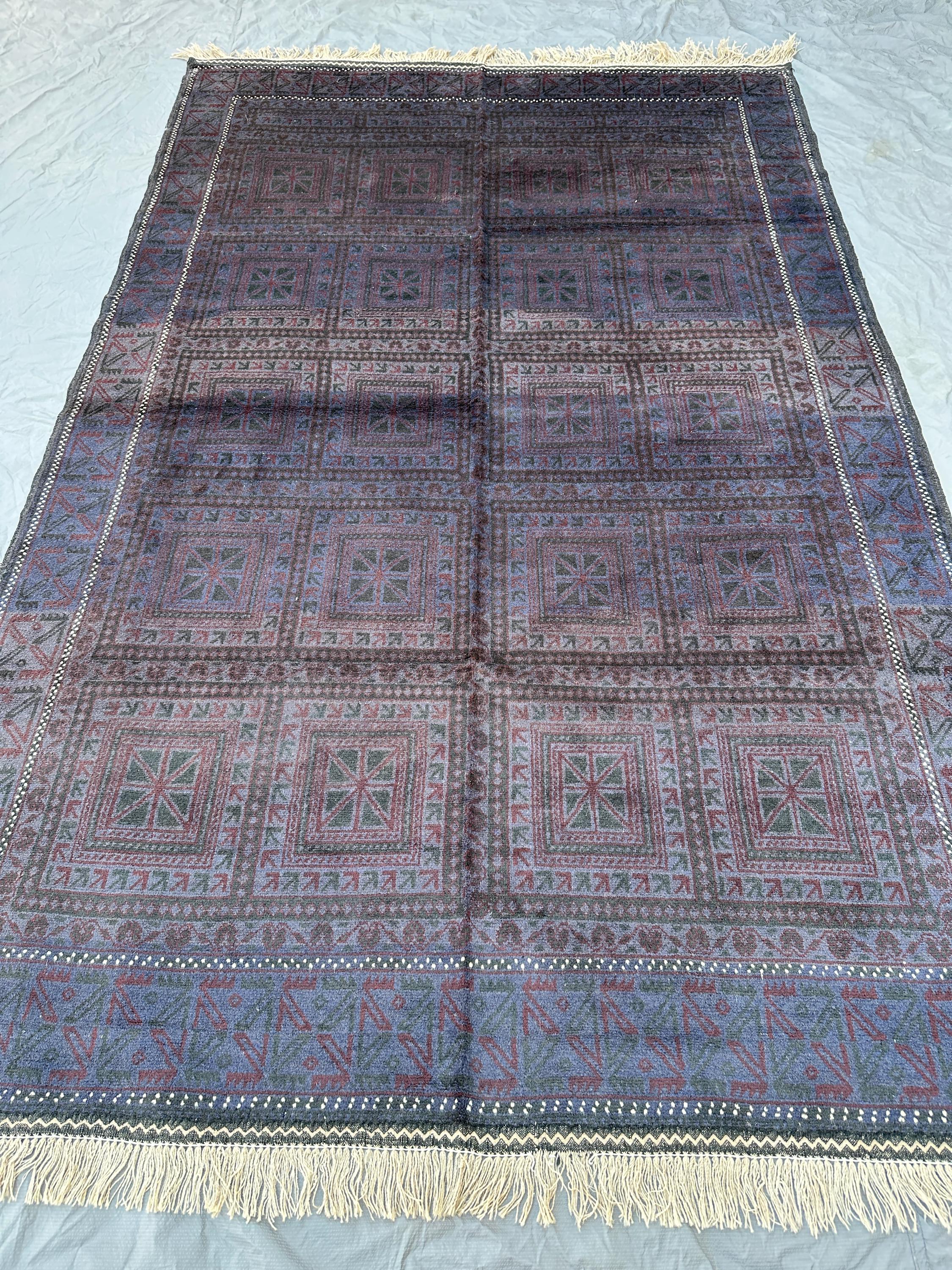Faded Navy Rug, Hand Knotted Wool Tribal Panel Carpet 6x10, Vintage Style Distressed Rug, Muted Boho Wool Rug,