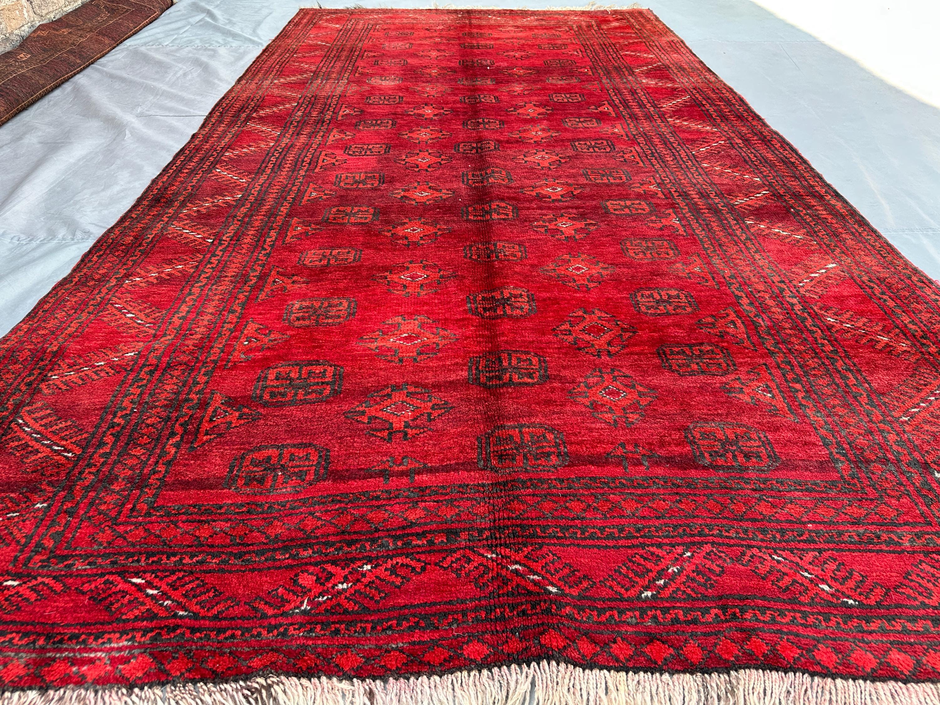 4'10x9'5 ft Antique Afghan Baluch Rug | Hand Knotted Wool Wide Tribal Carpet | Red Brown Geometric Pattern Nomadic Fine Area Rug, Home Decor