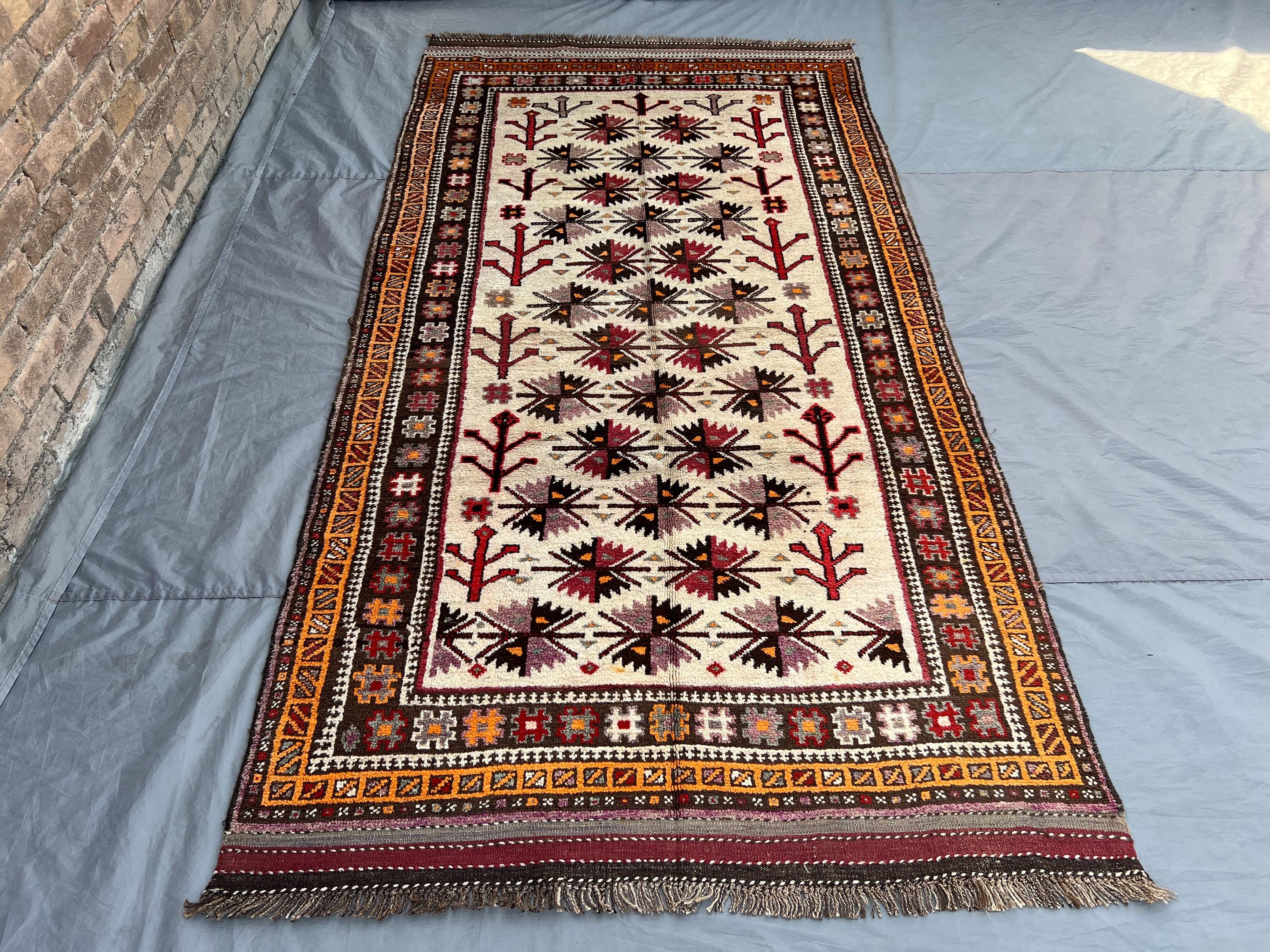 Antique 5x9.2 ft Afghan Baluchi Rug | Hand Knotted Tribal Wool Carpet | Ivory Tree of Life Design | Oriental N