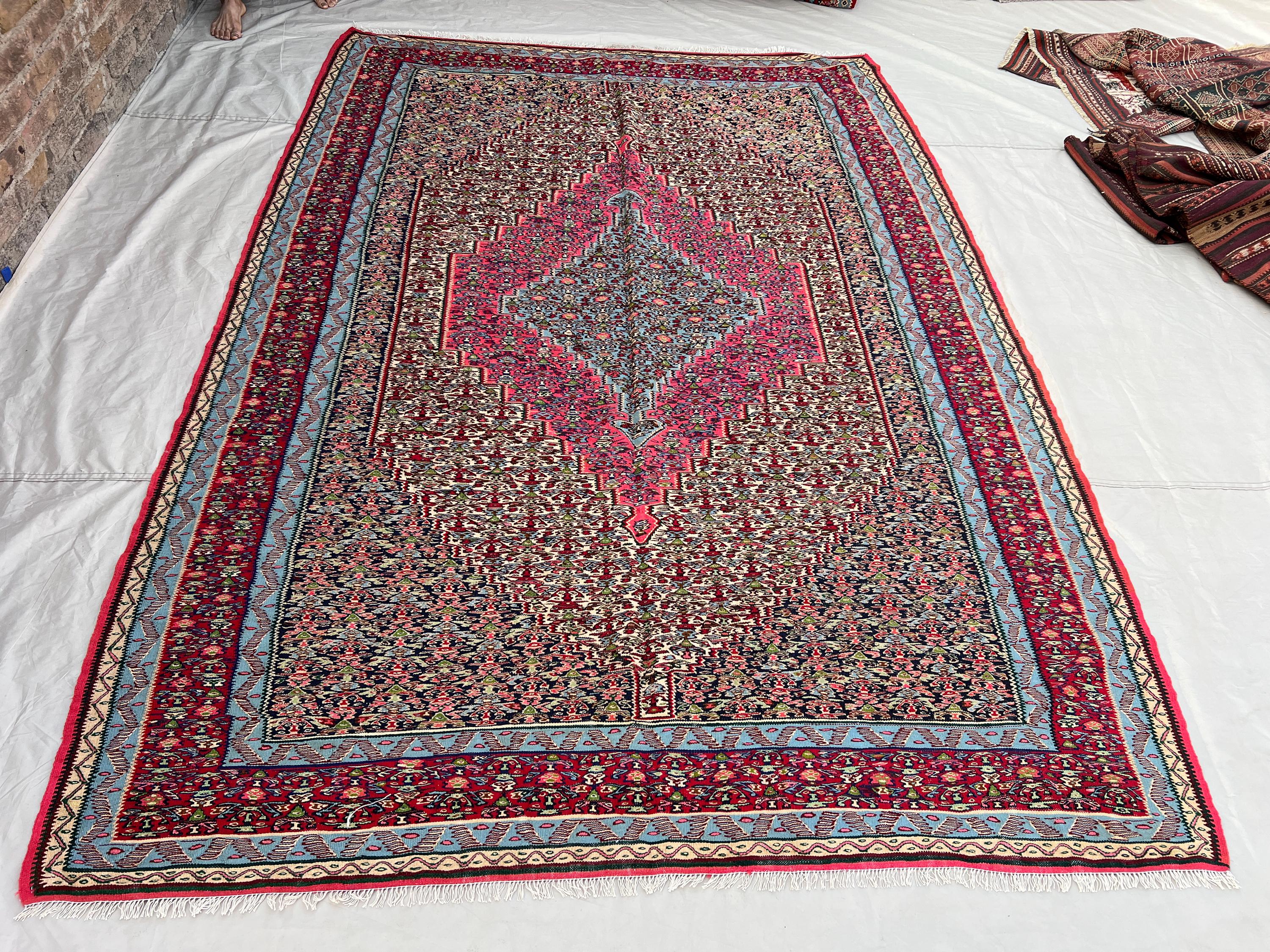 6'8x9'8 ft Vintage Hand-Woven Wool Kilim | Dense Floral All-Over Field & Central Medallion | Deep Red Fuchsia Sky Blue | Living Room