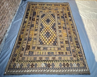6'8x10'9 ft Afghan Handmade Kilim Rug, Vintage Tribal Wool Rug, Geometric Turkmen Flat Weave, Faded Earth Tone Living Room Area Rug, Bedroom