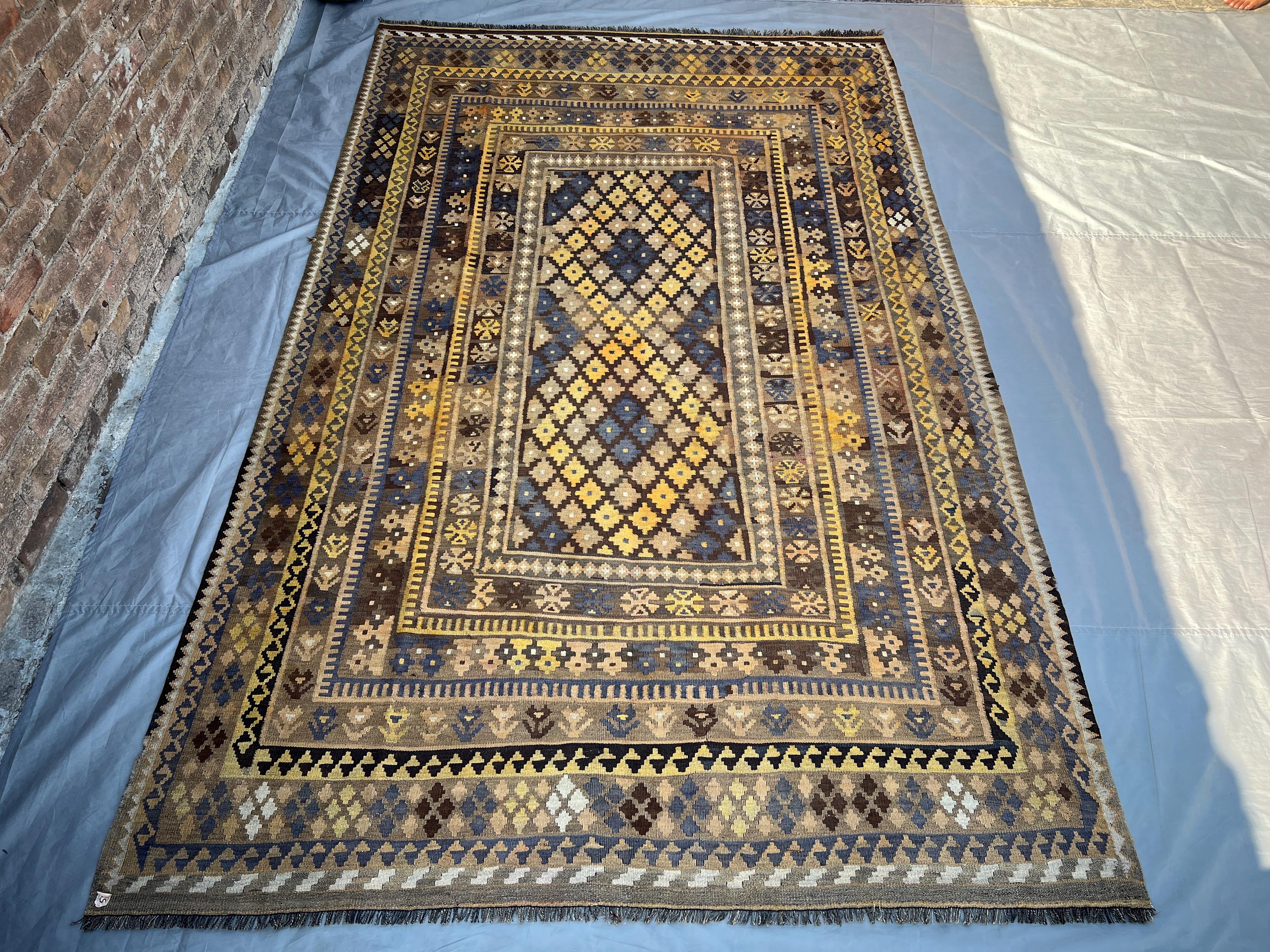 6'8x10'9 ft Afghan Handmade Kilim Rug, Vintage Tribal Wool Rug, Geometric Turkmen Flat Weave, Faded Earth Tone