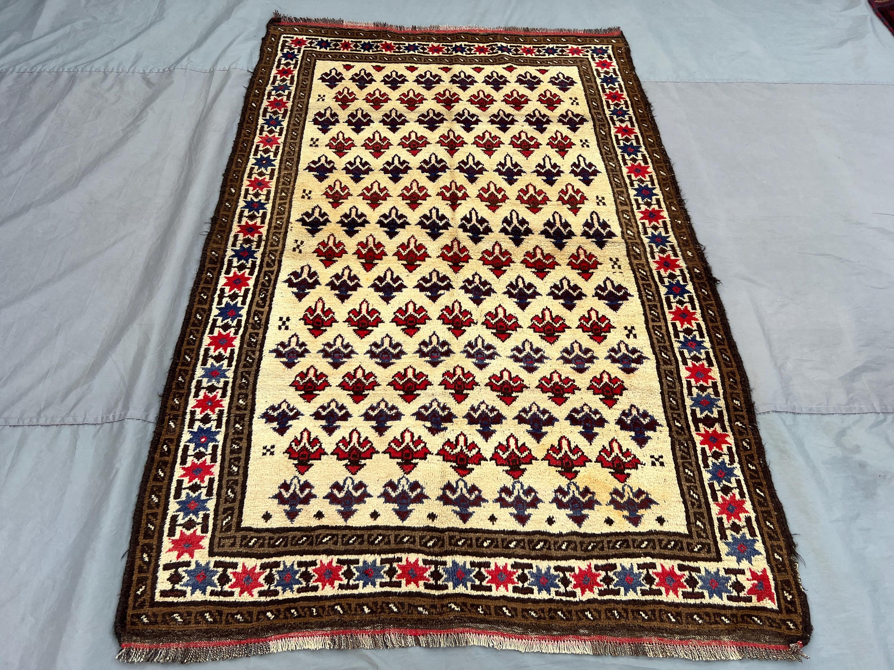 5x8 Afghan Hand-Knotted Baluchi Rug, Vintage Soft Pile, Cream Red Tribal Rug, Farmhouse Decor Living Room Rug | nomadic art rug oriental rug
