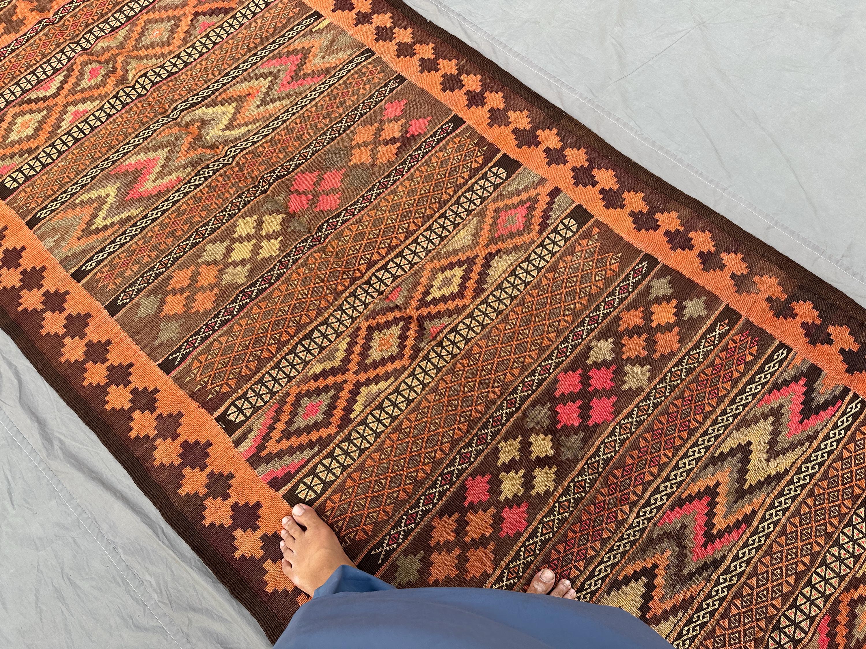 4.2x9.7 ft Antique Afghan Kilim Rug | Hand Woven Flat Weave Wool Runner | Turkish Style Tribal Geometric Vintage Carpet | Hallway Rug Decor