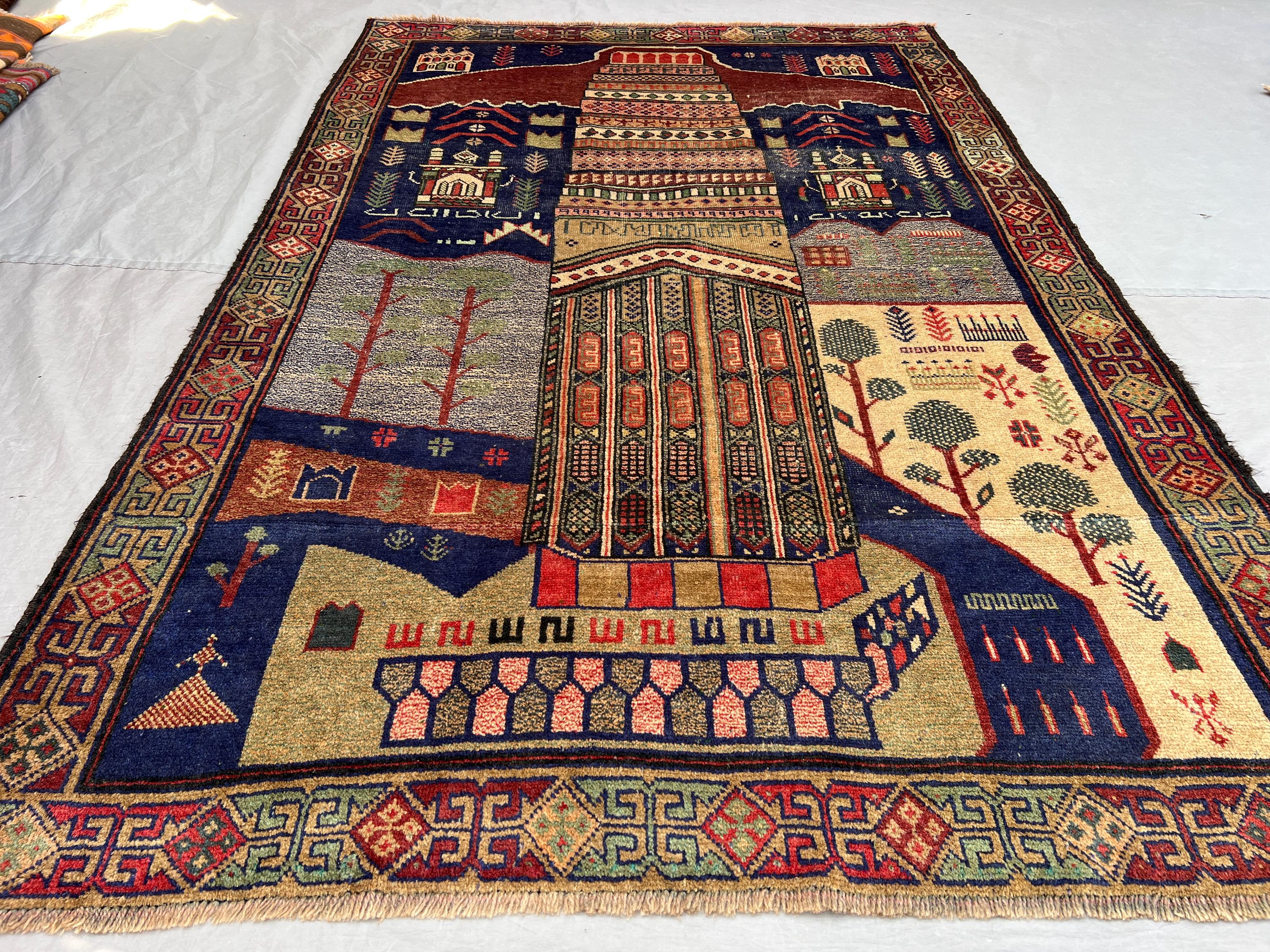 4'4x6'4 ft Vintage Afghan Pile Pictorial Rug | Handknotted Lighthouse And Landscape Scene | Navy Blue & Multicolor Wool Living Room Bedroom