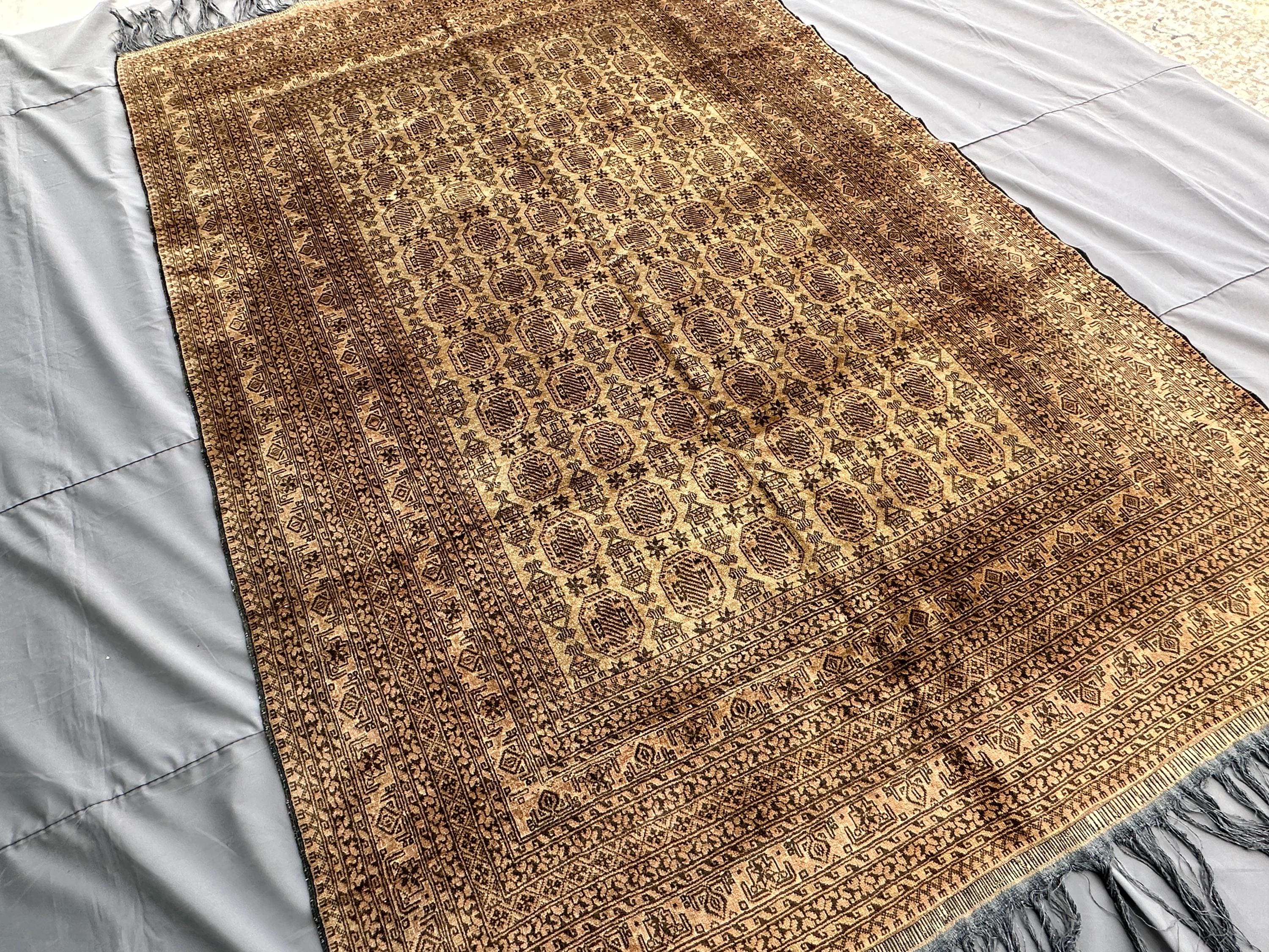 1970s Antique Afghan Mauri Rug 9x6, Hand-Knotted Wool Carpet, Tan Tribal Turkmen Octagon Design, Vintage Livin