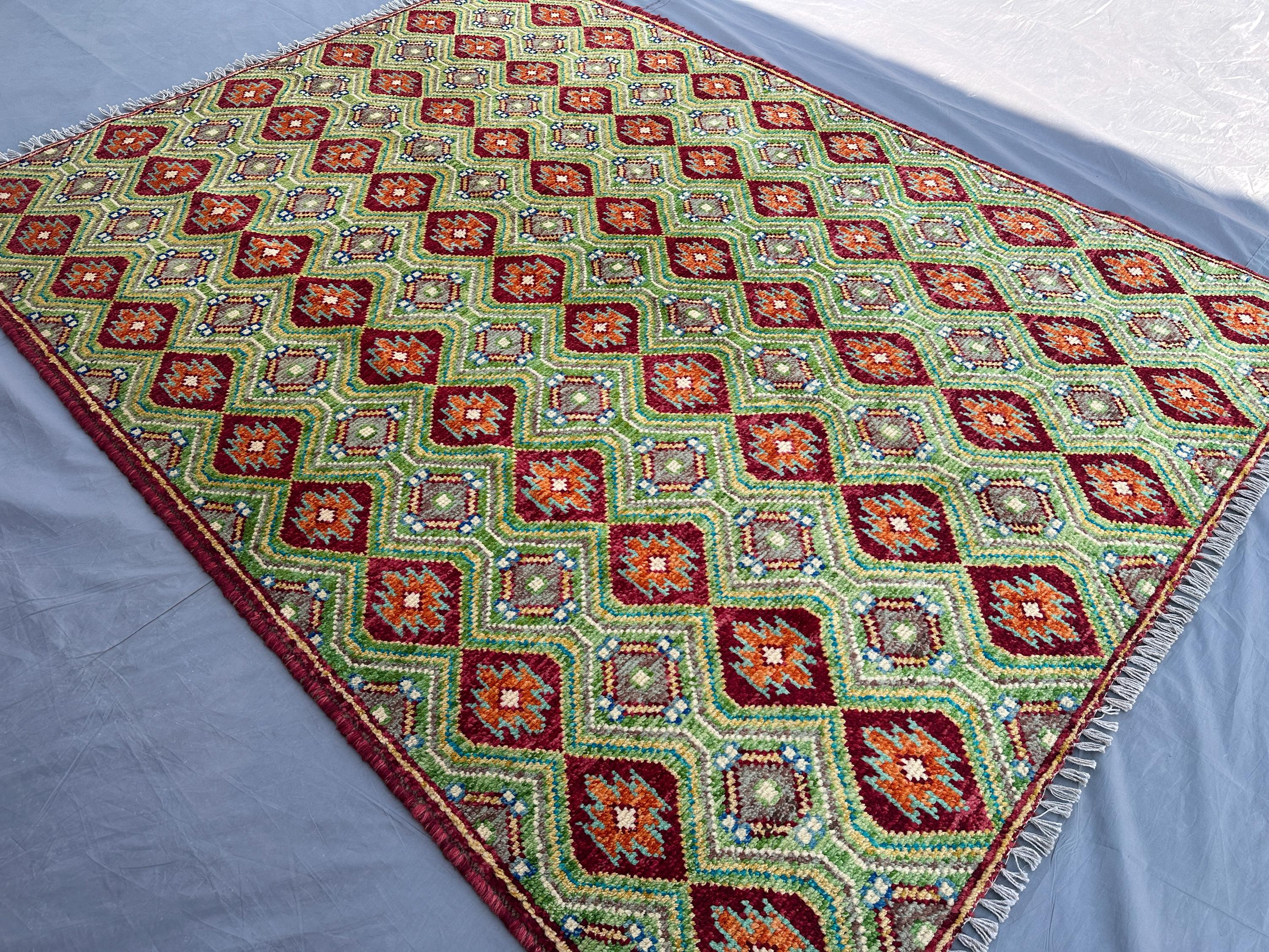 Afghan Baluchi Rug 5x7 Handmade Tribal Turkmen Carpet | Green Moss Oushak Rug | Geometric Fine Wool Rug | Bohe