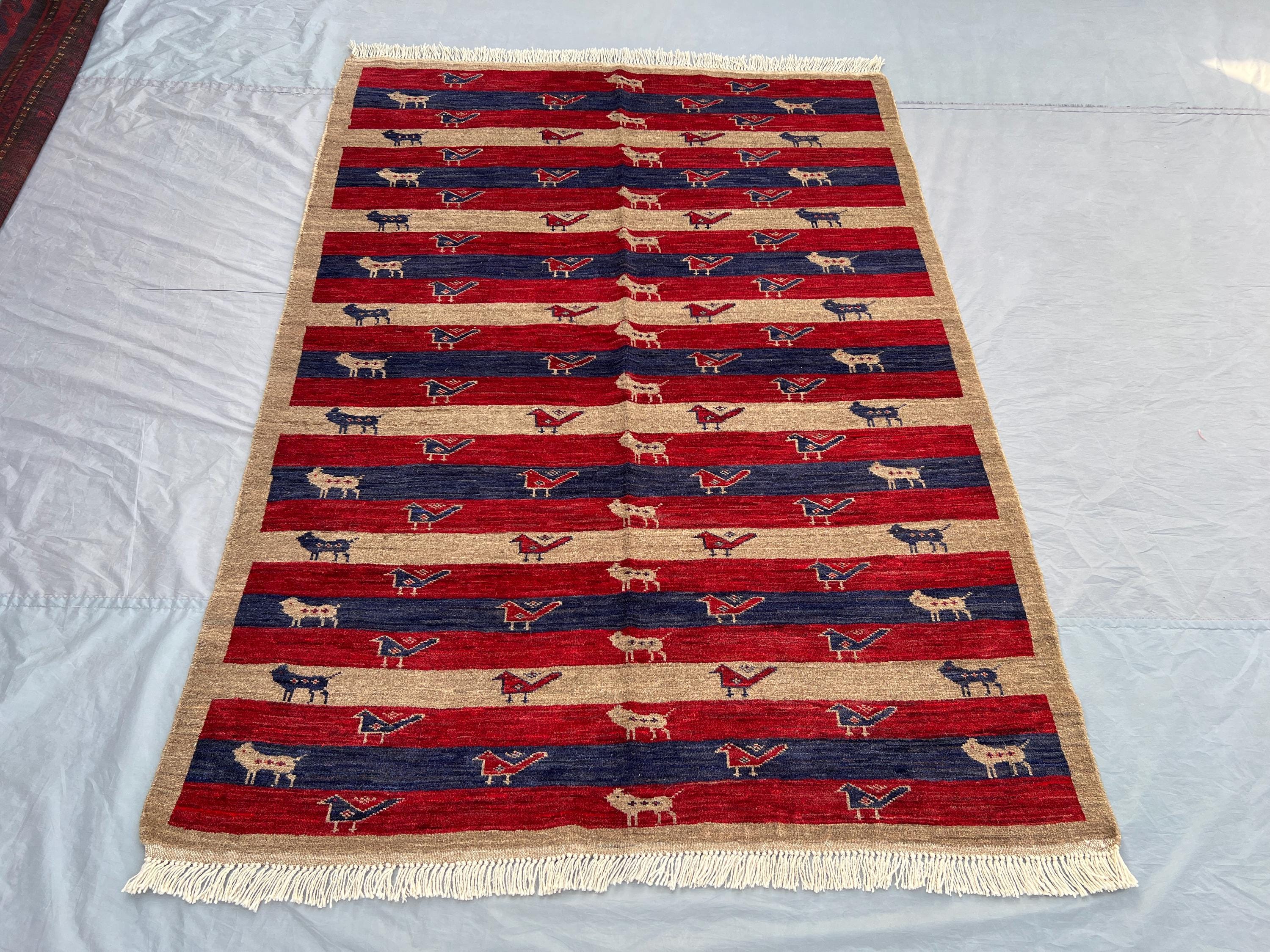 Vintage Afghan Baluchi Rug 4'9x6'7 ft | Hand Knotted Wool Carpet | Tribal Pictorial Art Design | Nomadic Animal Motif Area Rug for Decor