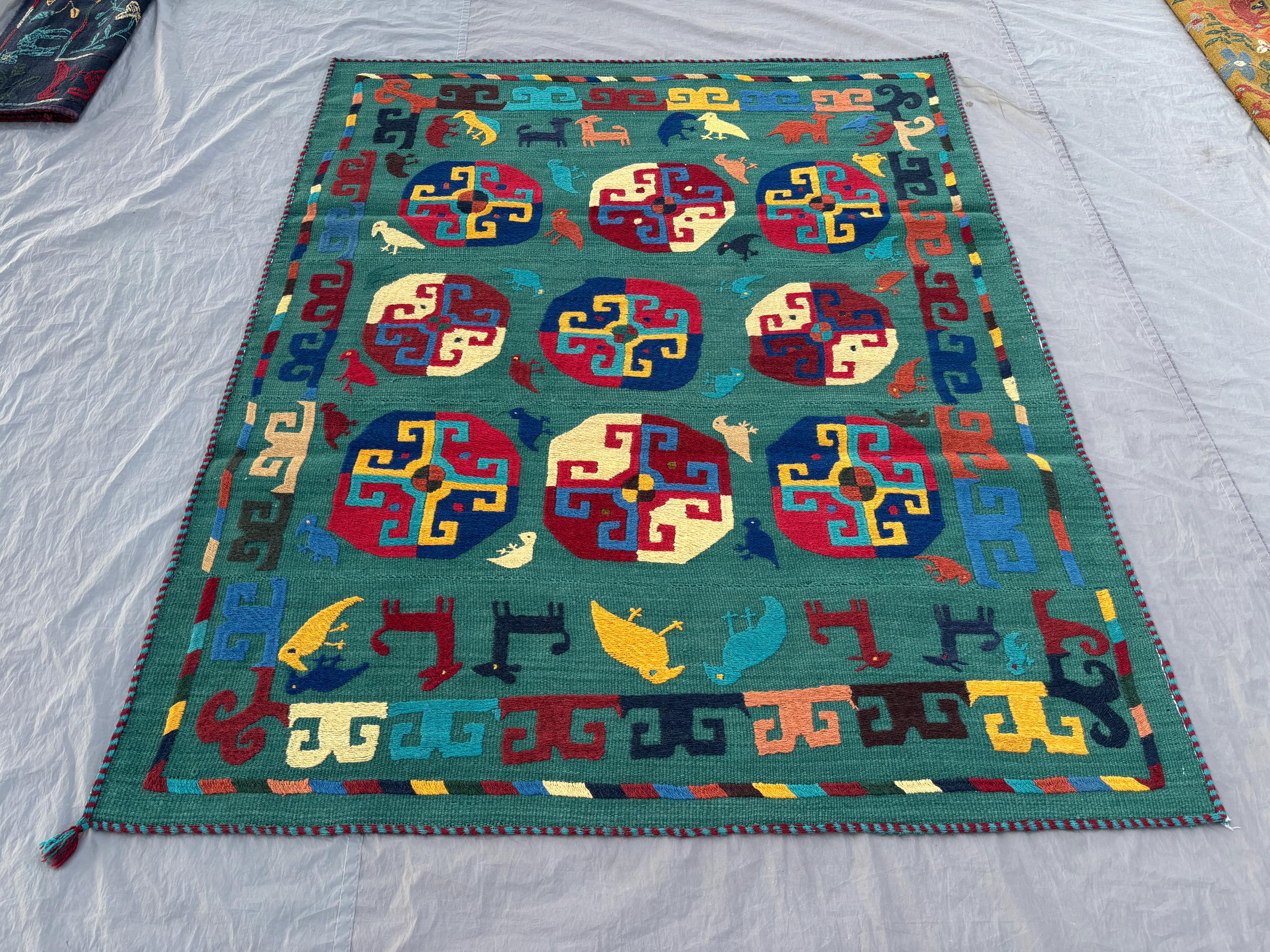 Colorful Vintage Uzbek Suzani Rug 5.2 x 6.6 ft Handwoven Wool Bird Animal Design Flat Weave Area Rug Boho Home