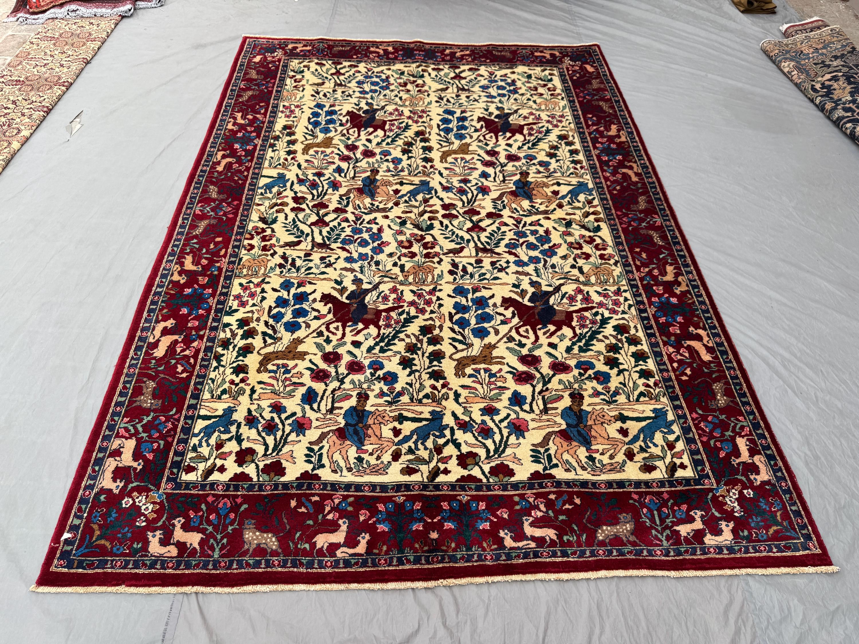 Turkish Hand Knotted Rug 7 x 10 ft | Vintage Soft Pile | One of a Kind | Pictorial Man & Animal Hunting Scene