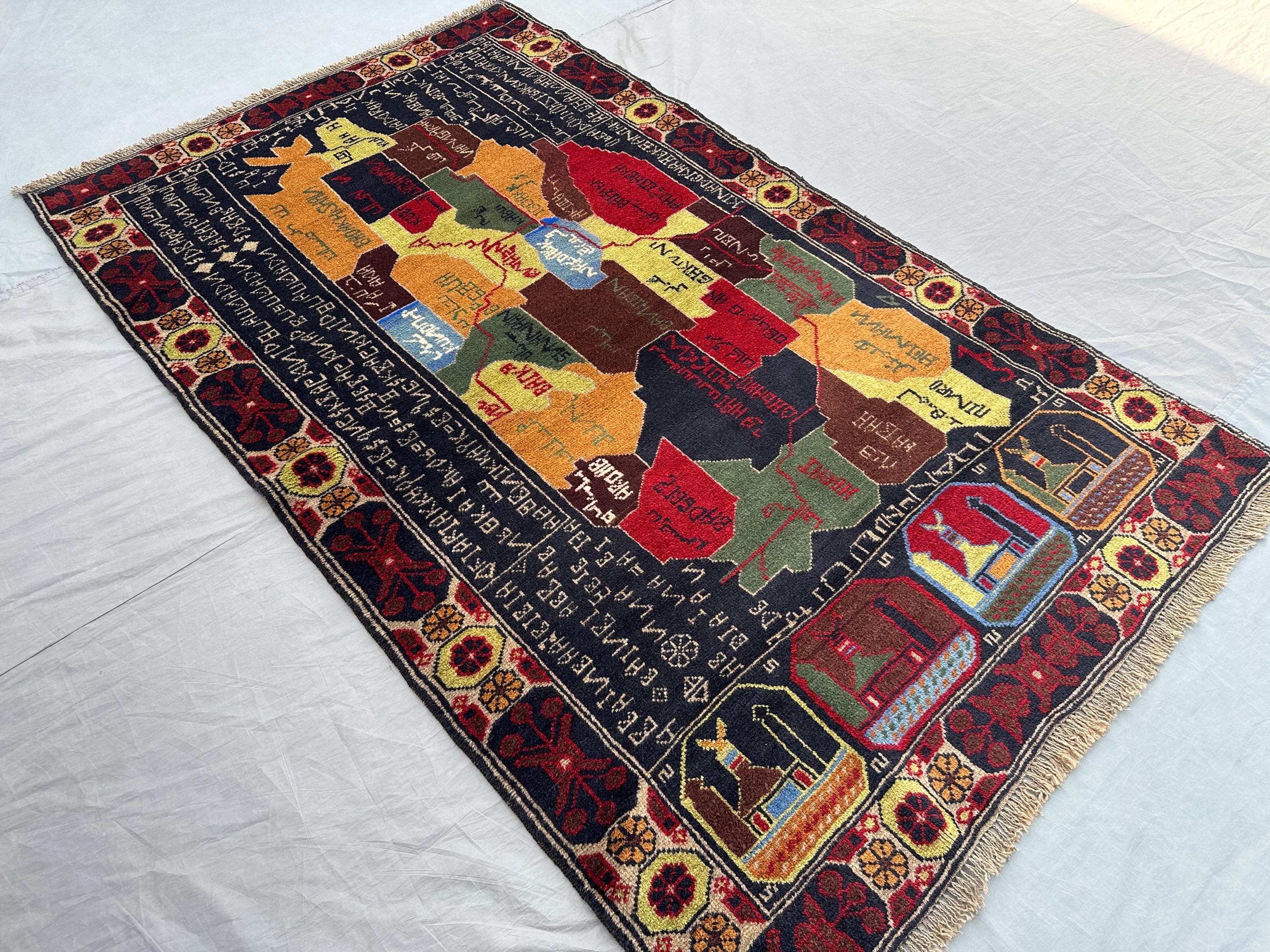4x6 Afghan Baluch Pictorial Rug | Hand Knotted Wool Map Carpet | Tribal Nomadic Art | Unique Boho Decor | Collector's Area Rug, Kitchen rug
