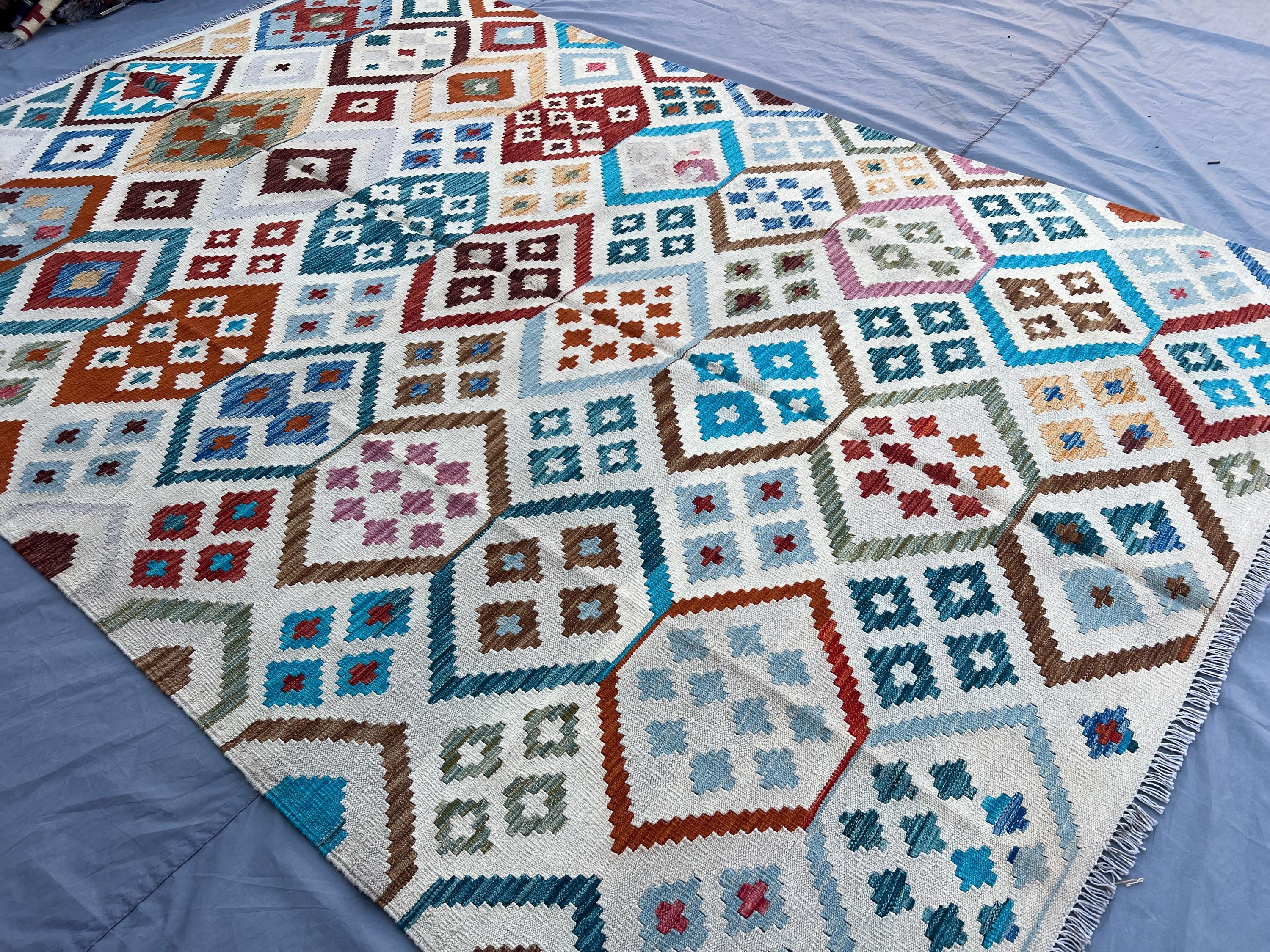 Multicolor Kilim Rug 7x10 | Afghan Handmade Flat Weave Wool Rug | Tribal Area Carpet | Colorful Geometric Ethn