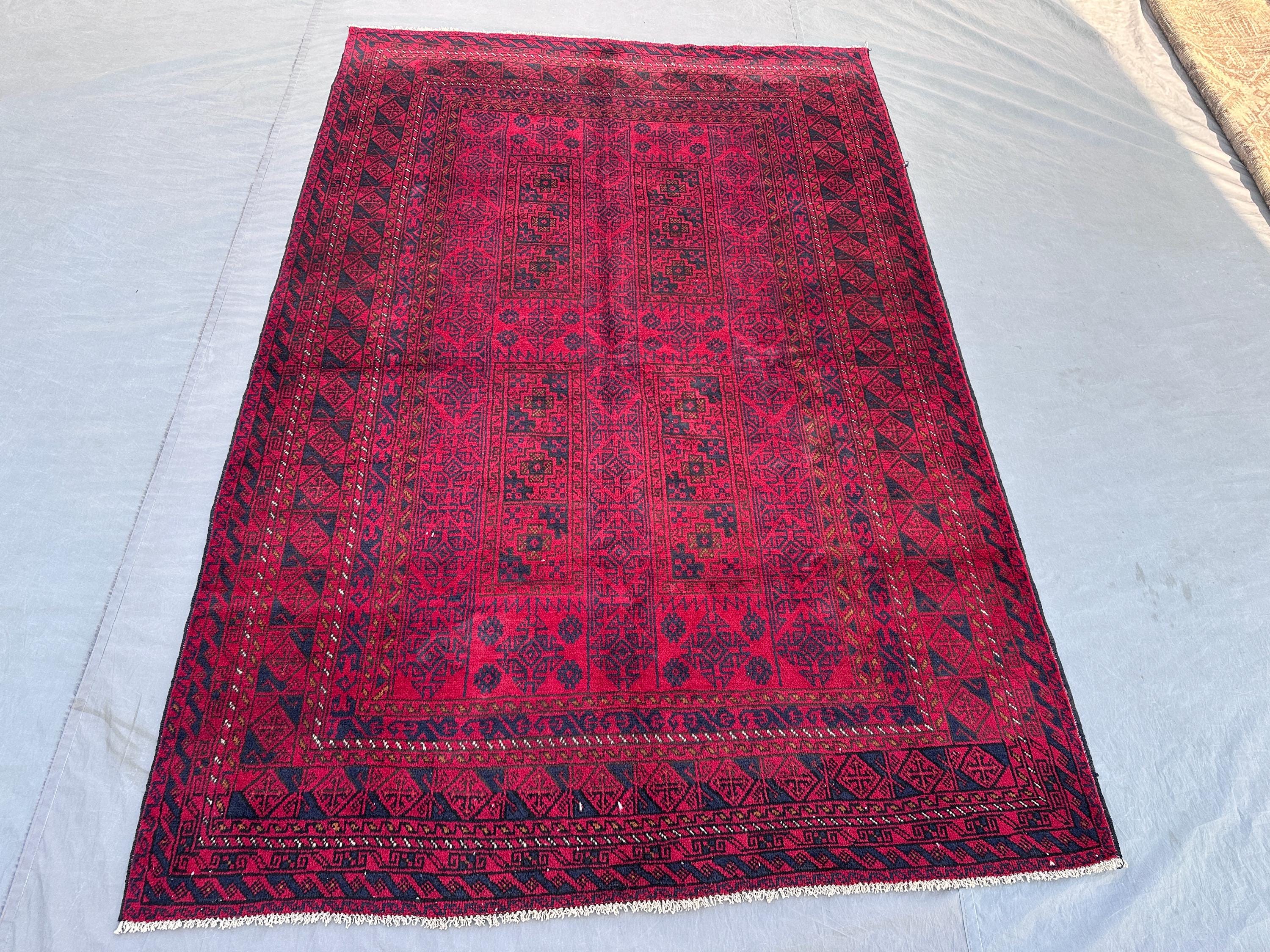 Vintage Afghan Baluchi Yaqoob Khani Rug, 5'2 x 7'8 ft, Hand-Knotted, Tribal Wool Carpet, Traditional Geometric Design, Luxury Home Decor
