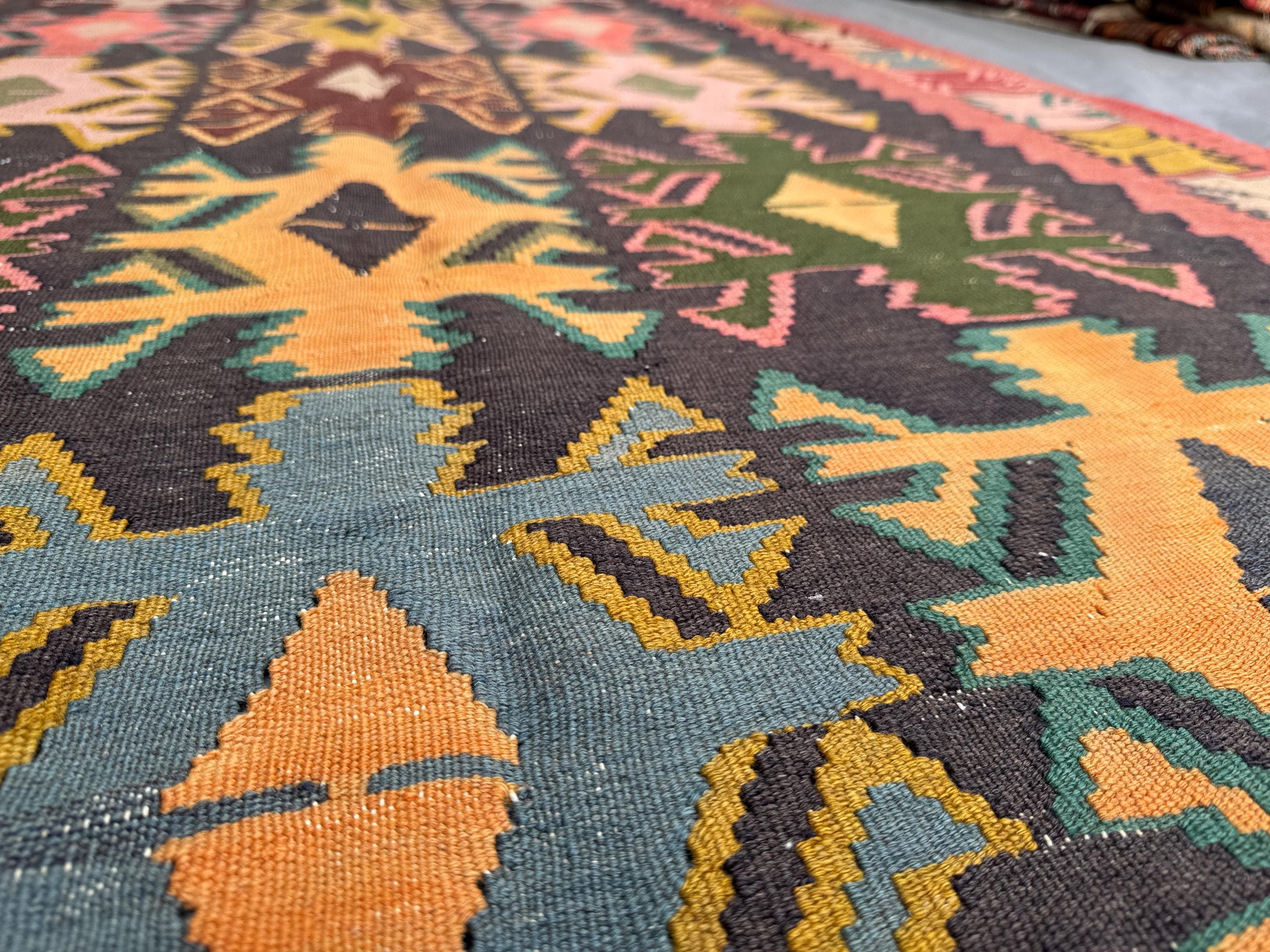 4.8 x 12.9 Ft Turkish Hand-Woven Vintage Flat Weave Kilim Anatolian Design One of a Kind Large Area Rug Luxury Home Boho Decor, Pink, Yellow