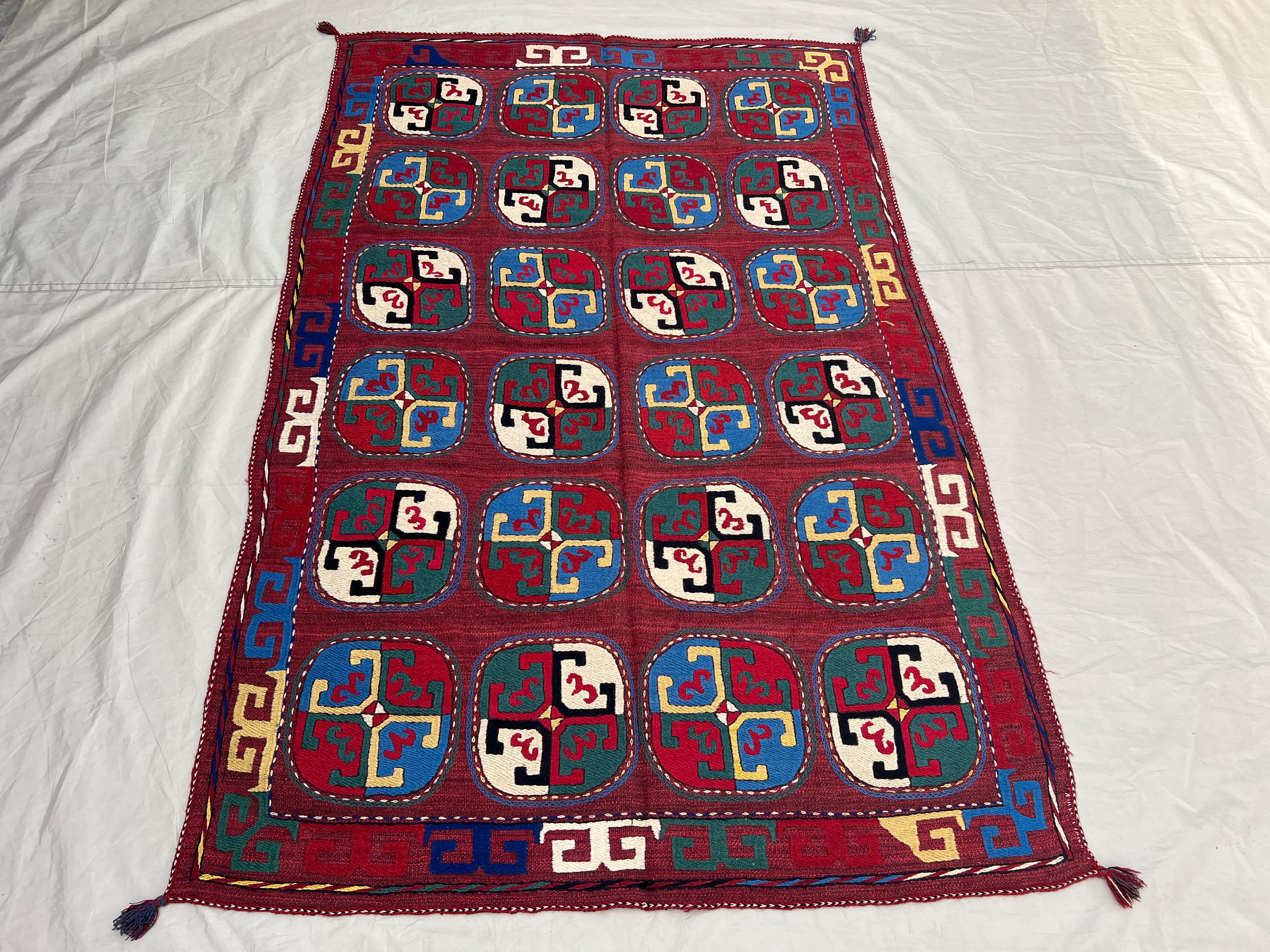 4'5x6'11 ft Vintage Afghan Kilim Rug | Handwoven Tribal Grid Medallion | Crimson Red & Multicolor Flatweave | Accent Rug Wall Hanging Decor