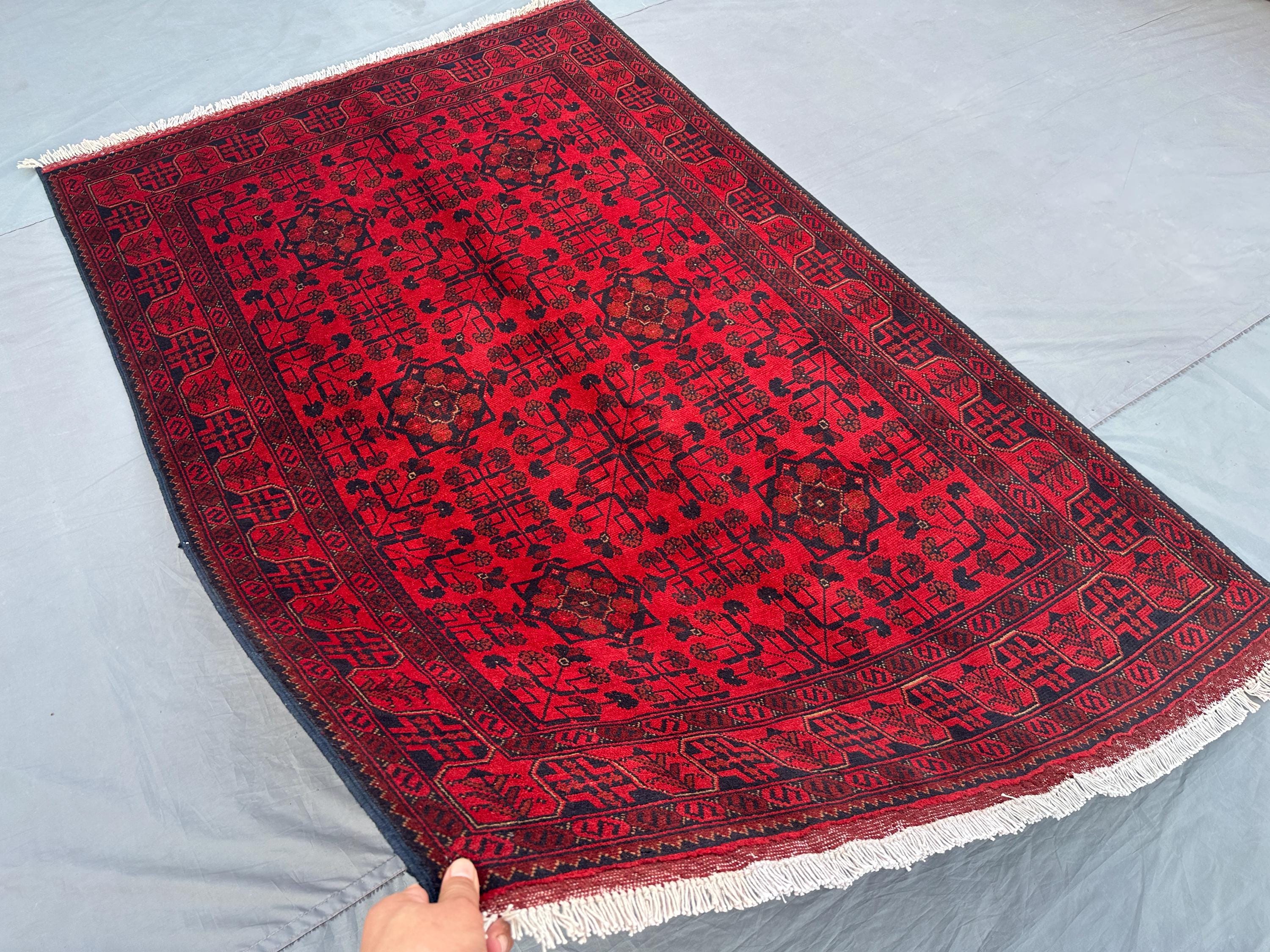 Afghan Turkoman Tribal Rug 4'2x6'7 ft Handmade Bukhara Carpet | Khal Mohammadi Geometric Wool Rug | Traditiona