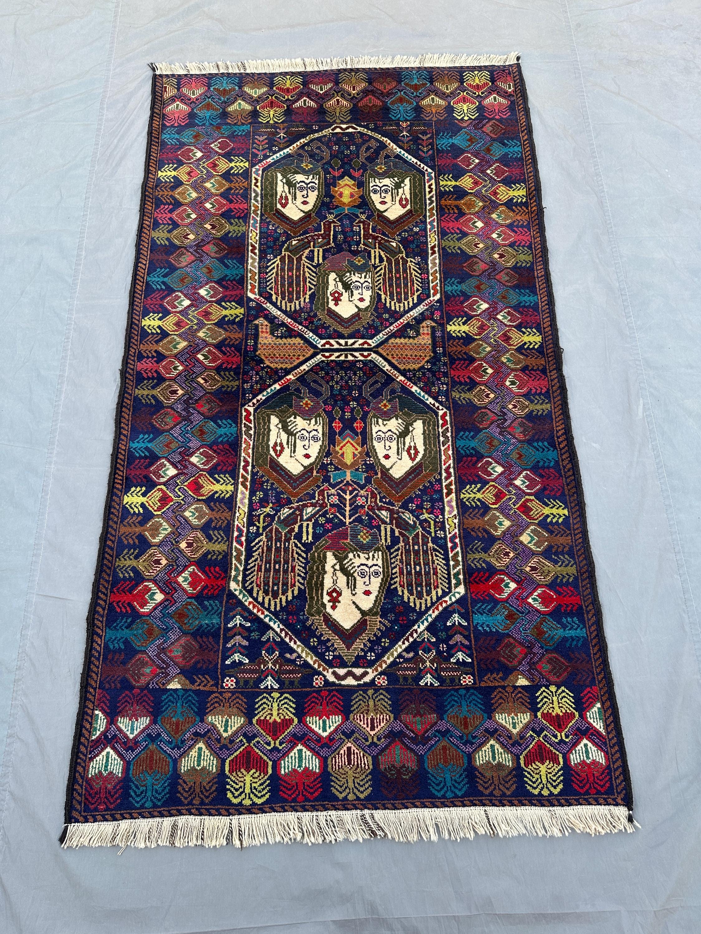 Vintage Afghan Pictorial Rug, 4x7 Handmade Wool Carpet | Tribal Bohemian Wall Hanging | Unique Artisan Rug | Kitchen & Home Decor, Moss Rug