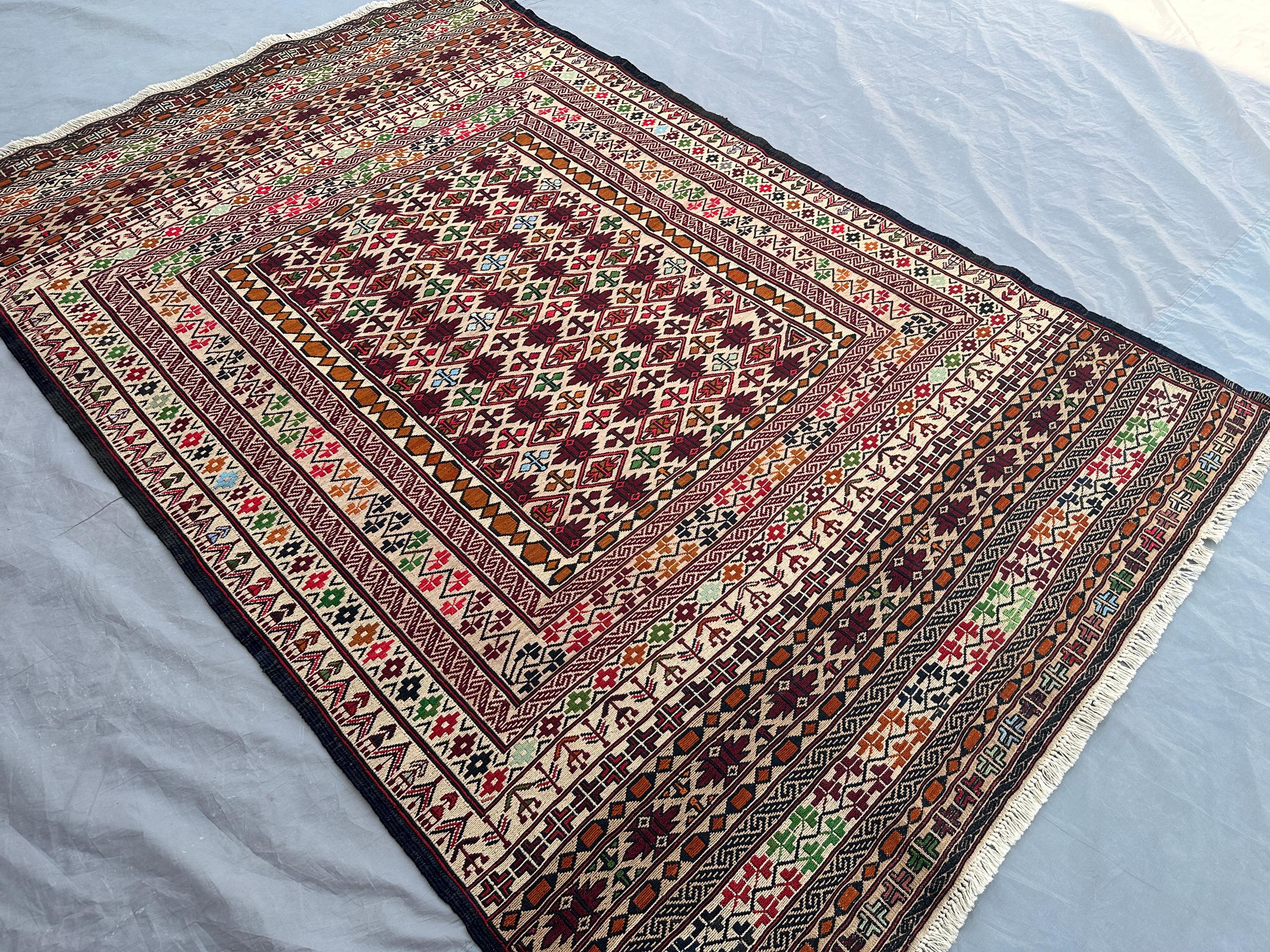 4 x 6'2 ft Vintage Afghan Hand Woven Sumak Kilim Rug Geometric Pattern Tribal Flat Weave Multicolor Oriental Area Rug, Handmade maliki Rug