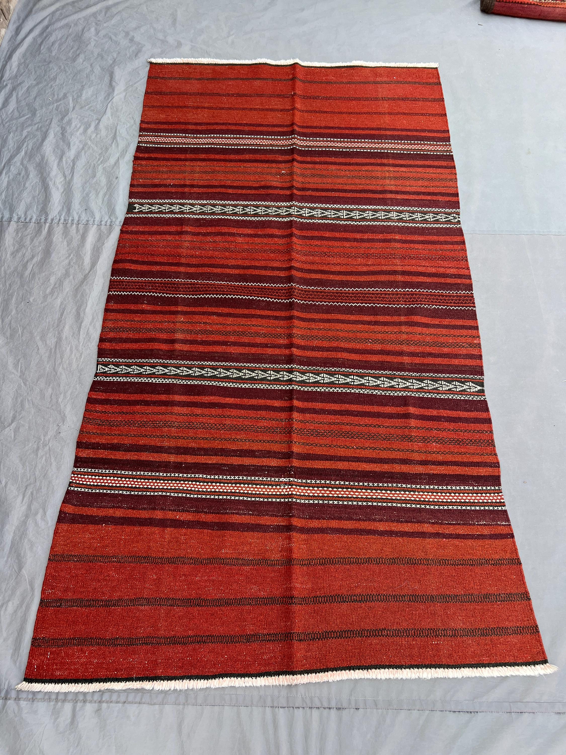 3'10x7'6 Ft Vintage Afghan Tribal Kilim Flatweave | Red Rust Striped Banded | Handwoven Wool Minimalist Rug for Living Room Bedroom Hallway