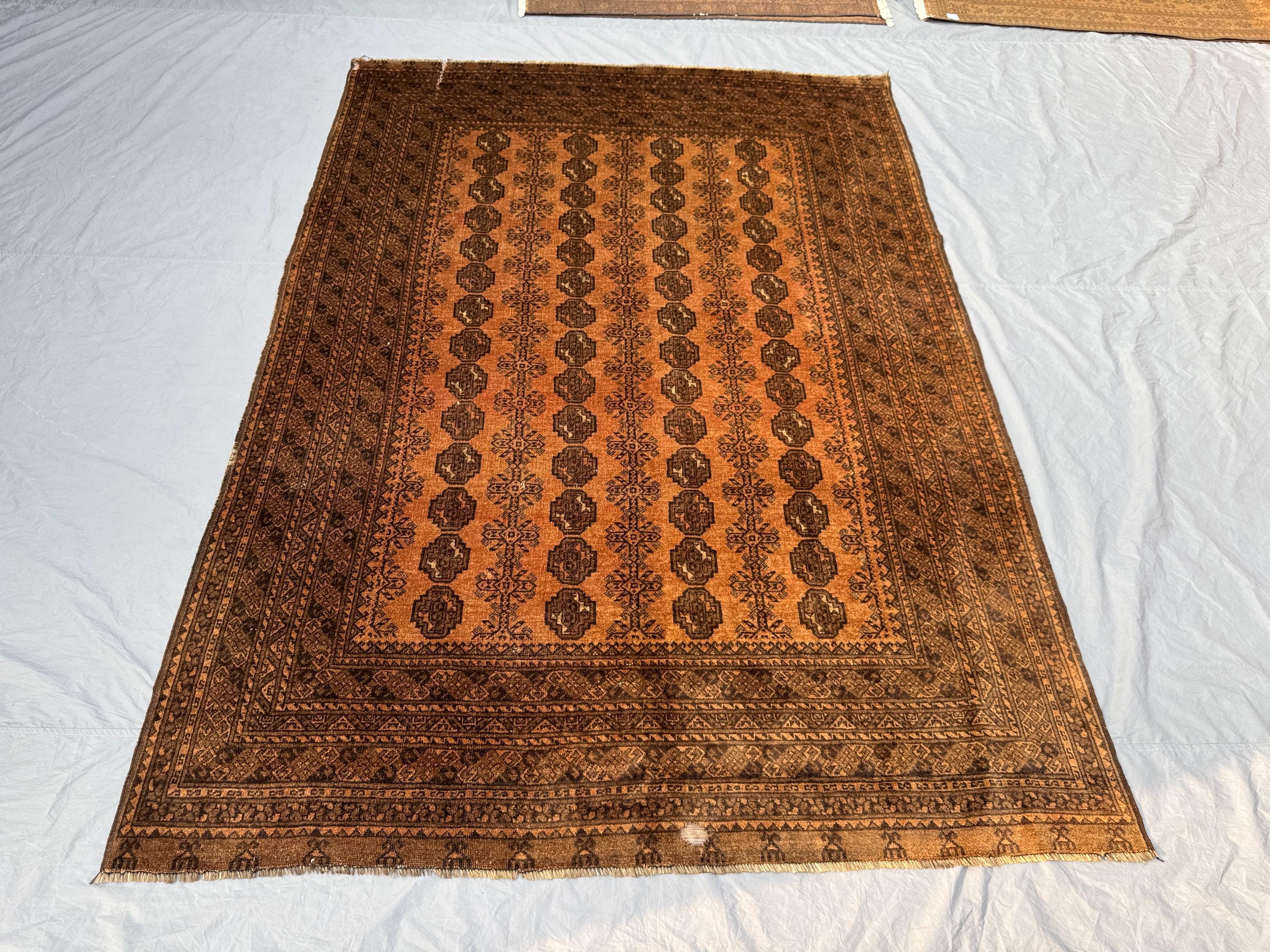 7 x 10 ft Afghan Hand Knotted Vintage Soft Pile Distressed Terracotta Color Faded One of a Kind Turkoman Bokhara Design Rug | Bedroom decor