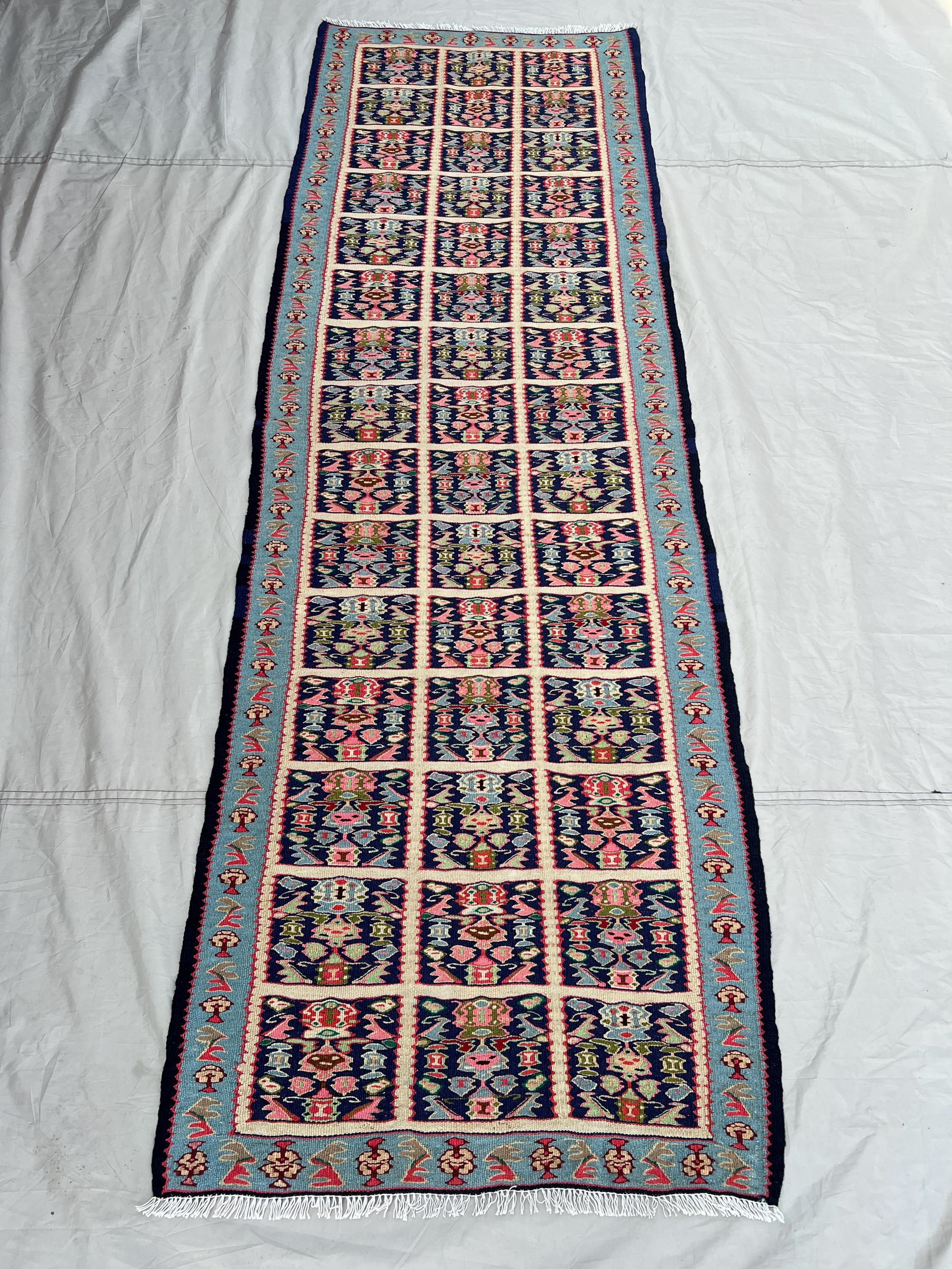 2'8x8'1 Vintage Afghan Kilim Runner Handwoven Wool Flatweave Grid Floral Navy Blue Pink Multicolor | Hallway Entryway Kitchen Runner Decor