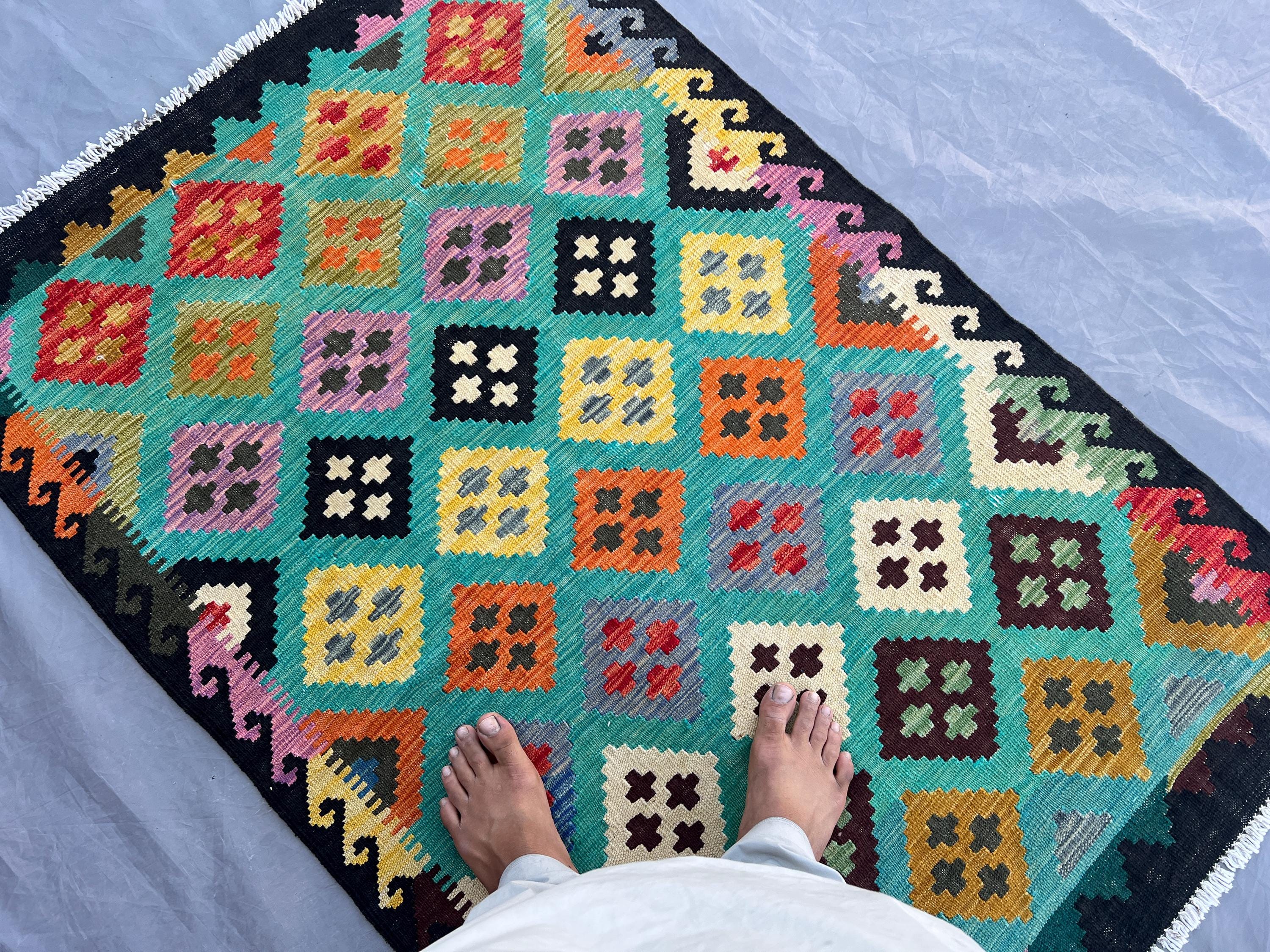 3'4x5 ft Afghan Kilim Rug, Handwoven Wool Flat Weave | Colorful Diamond Tribal Carpet | Multicolor Boho Accent Rug | Geometric Floor Decor