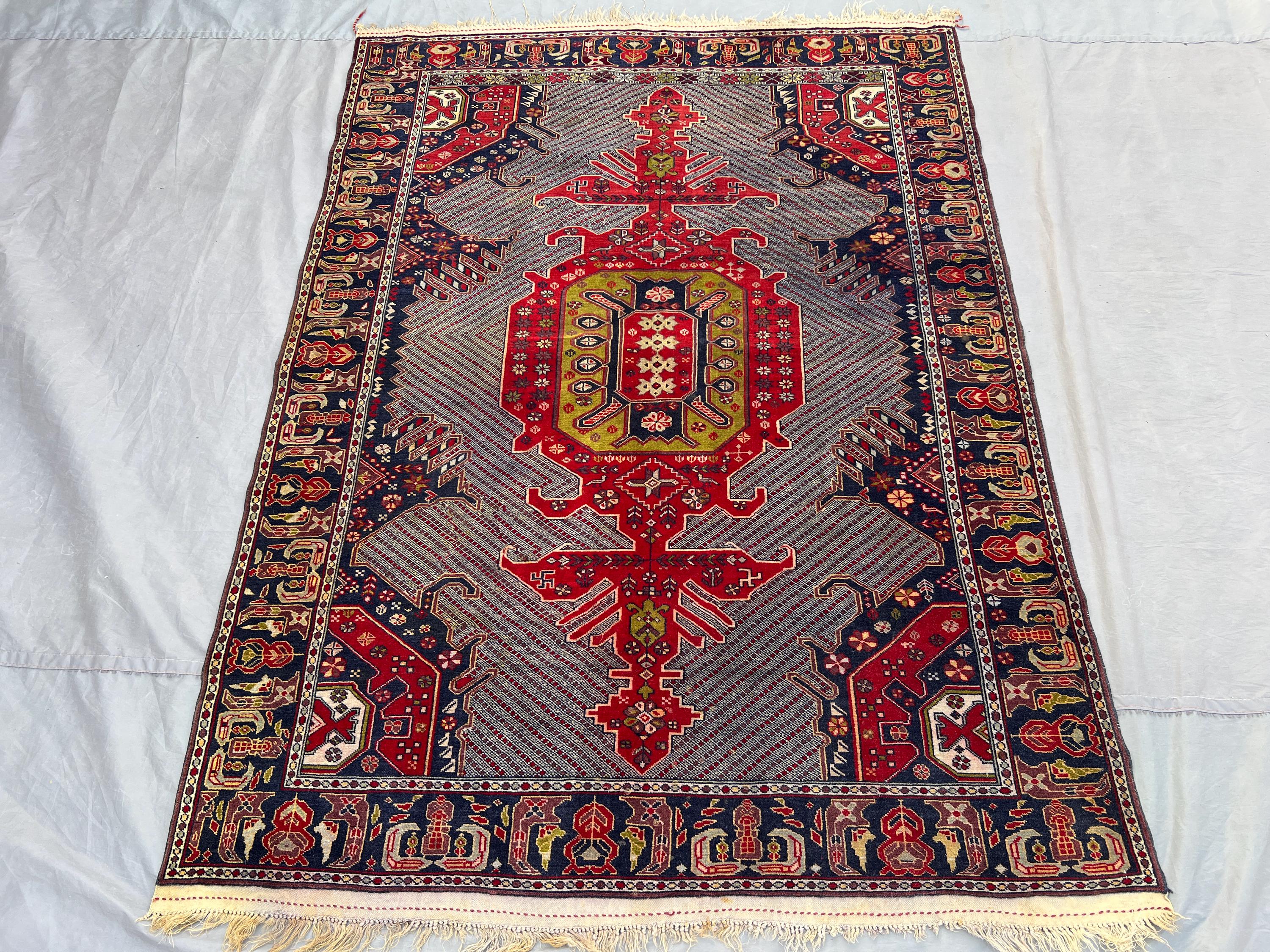 4'2x5'8 ft Vintage Afghan Baluchi Rug | Tribal One of a Kind Wool Carpet | Handmade Red Navy Ethnic Rug | High Quality Decor, Bedroom rug