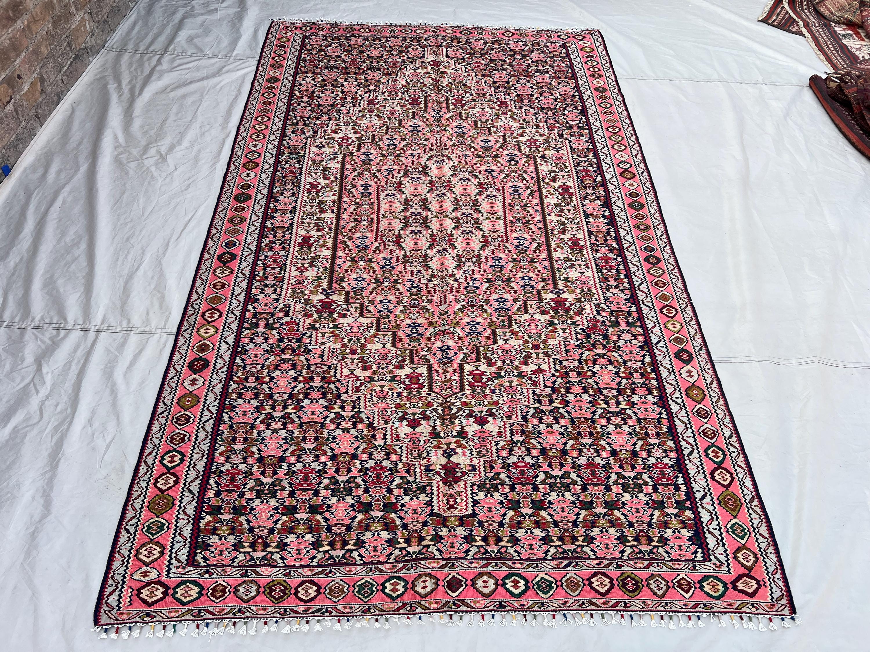 5'x8'6 Ft Vintage Afghan Kilim Rug Pink Navy Two-Tone All-Over Boteh Medallion Flatweave Handwoven Wool Area Rug | Living Room Bedroom