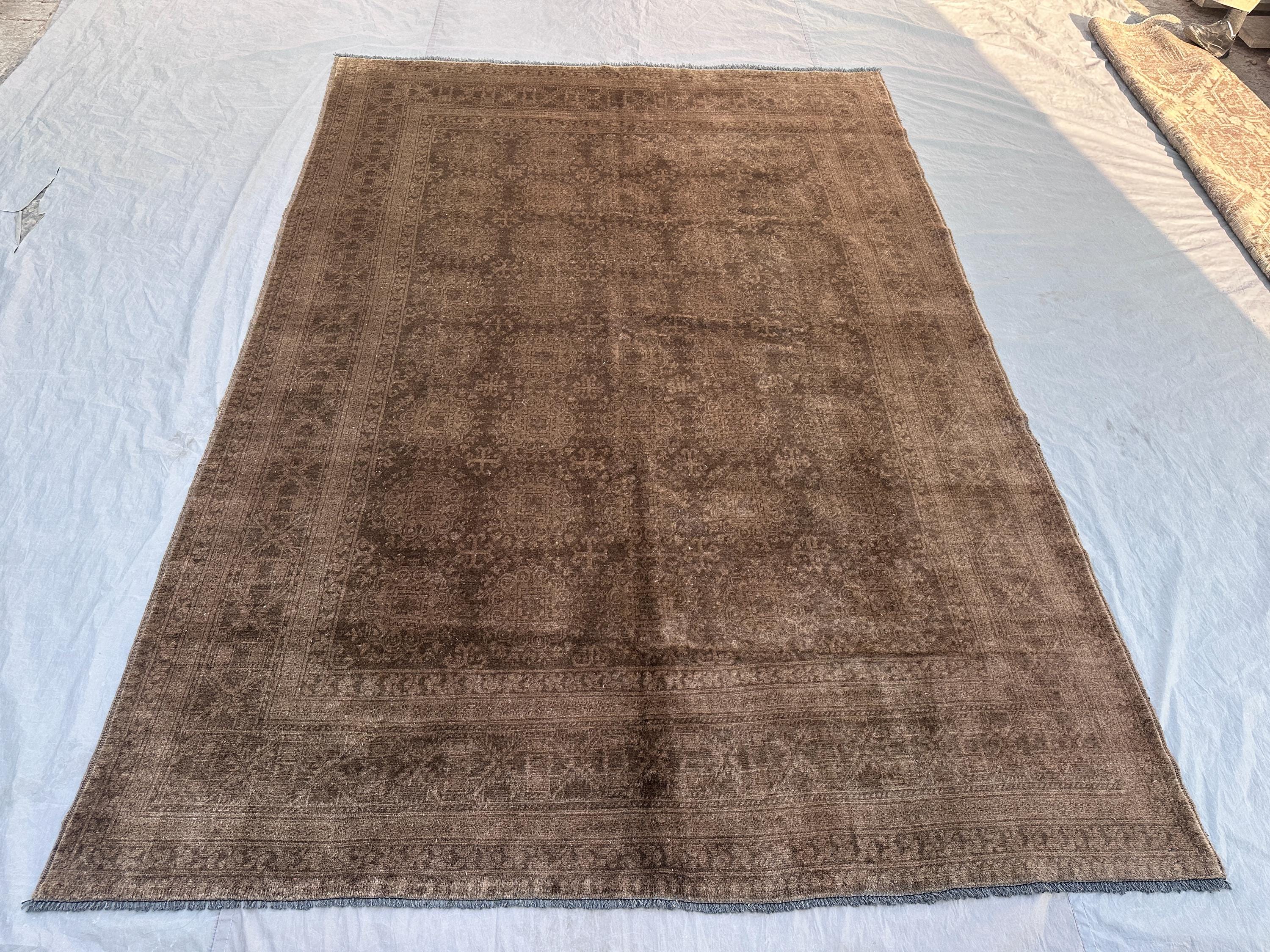 6'7 x 9'4 ft Vintage Afghan Caucasian Style Rug, Handmade Wool Oriental Carpet, Boho Tribal Geometric Design, Rustic Living Room Rug Decor