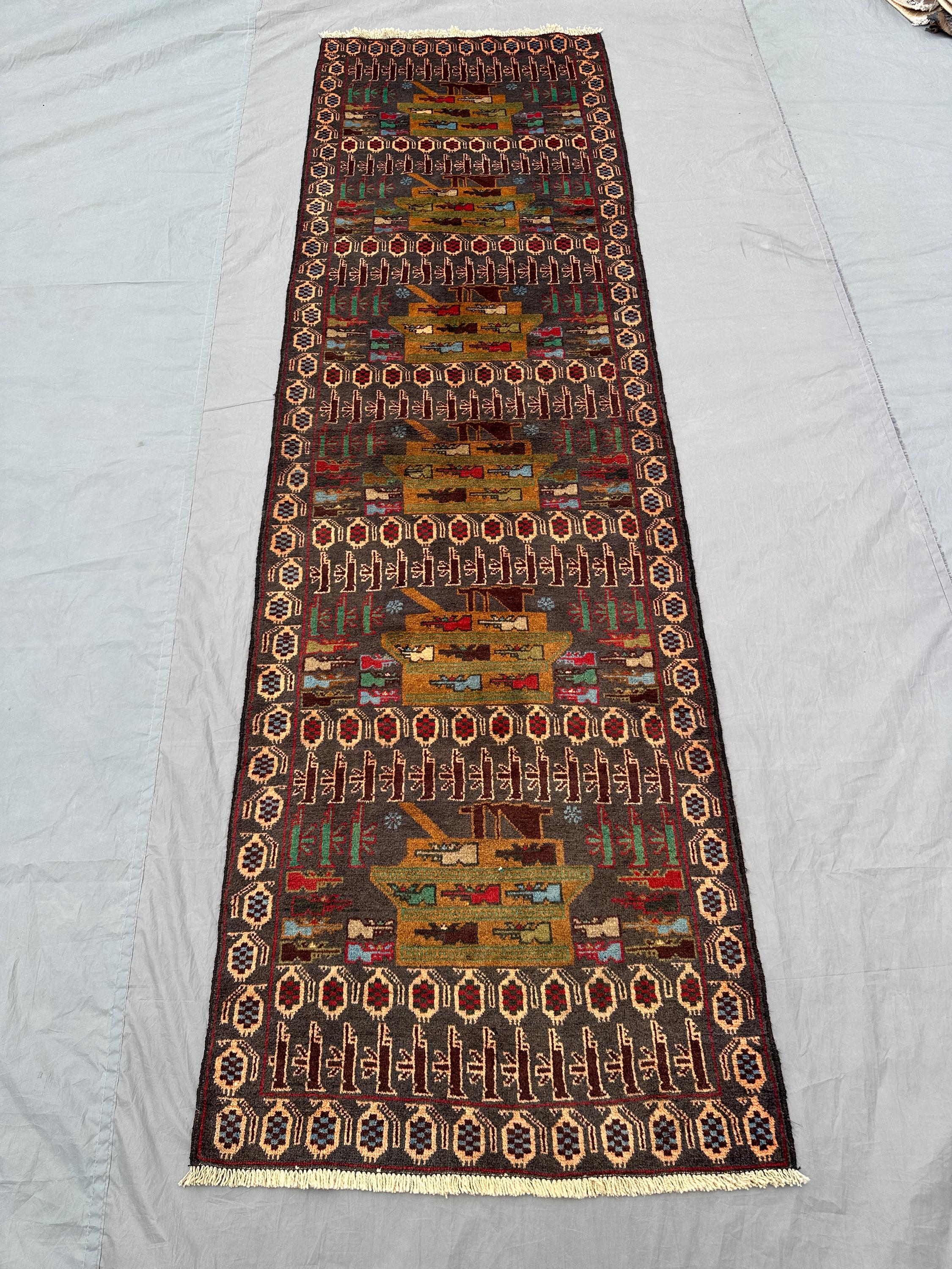 3x10 Vintage Afghan War Runner Rug | Hand Knotted Wool Pictorial Carpet | Tribal Hallway Rug | Unique Military Art Decor, Bohemein Decor