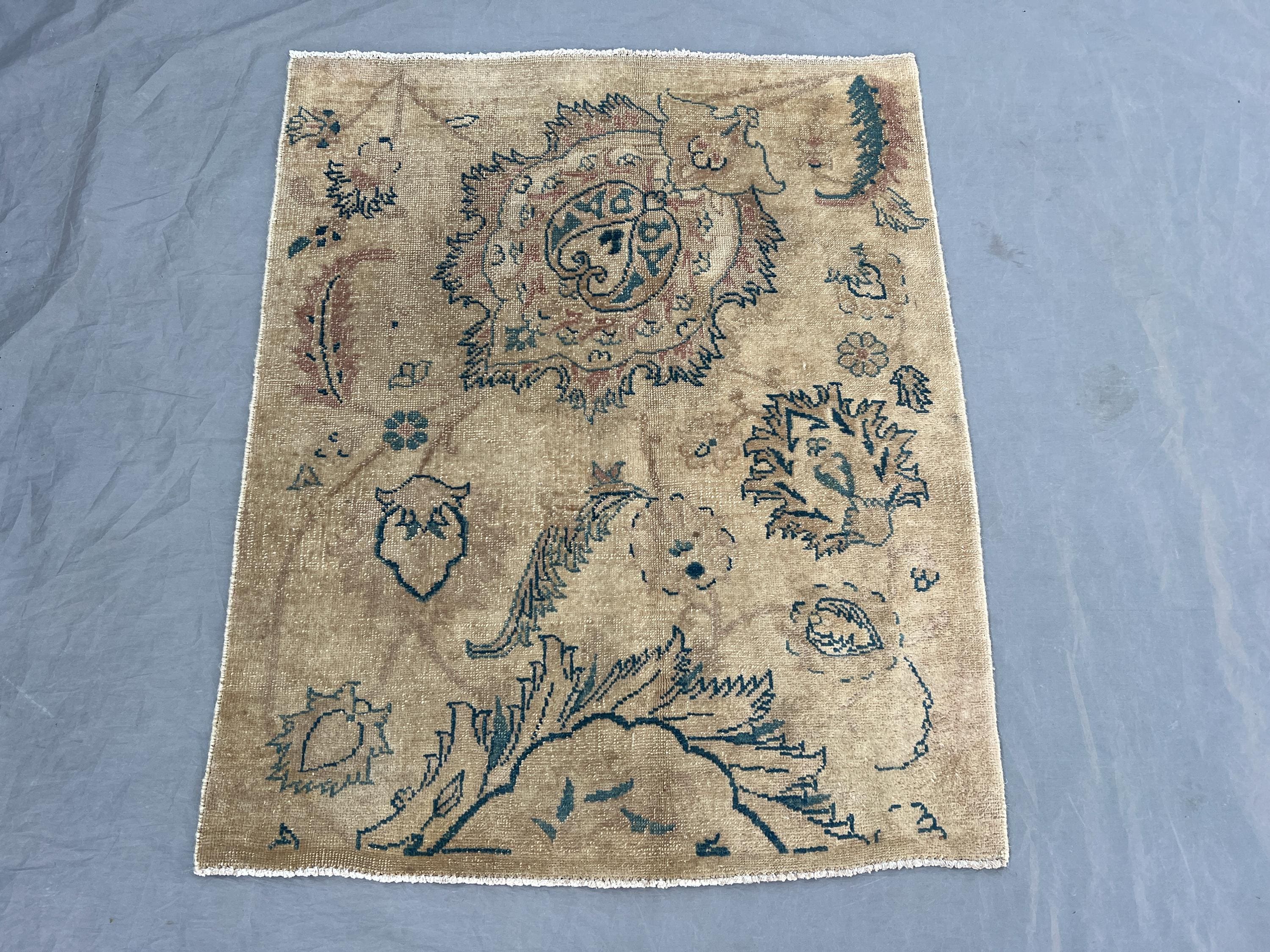 2'7x3'1 Vintage Afghan Pictorial Rug | Hand Knotted Wool Accent Rug | Faded Camel Beige Lion Sun Medallion Rug Rare Antique Style Distressed