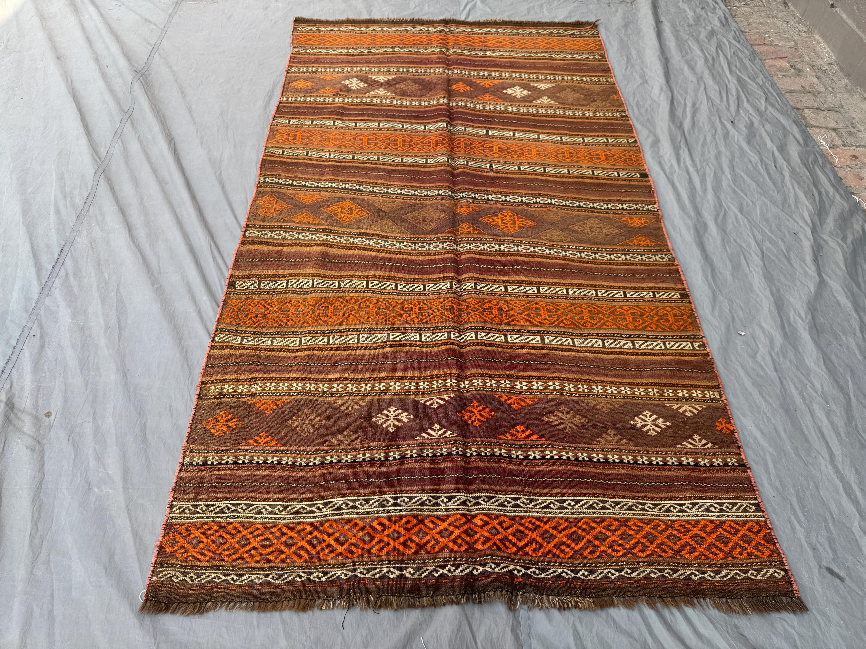 5 x 9 ft Afghan Handwoven Vintage Flat-Weave Kilim One-of-a-Kind Large Area Kilim Sumak Balochi Design Rich Brown & Orange Wool