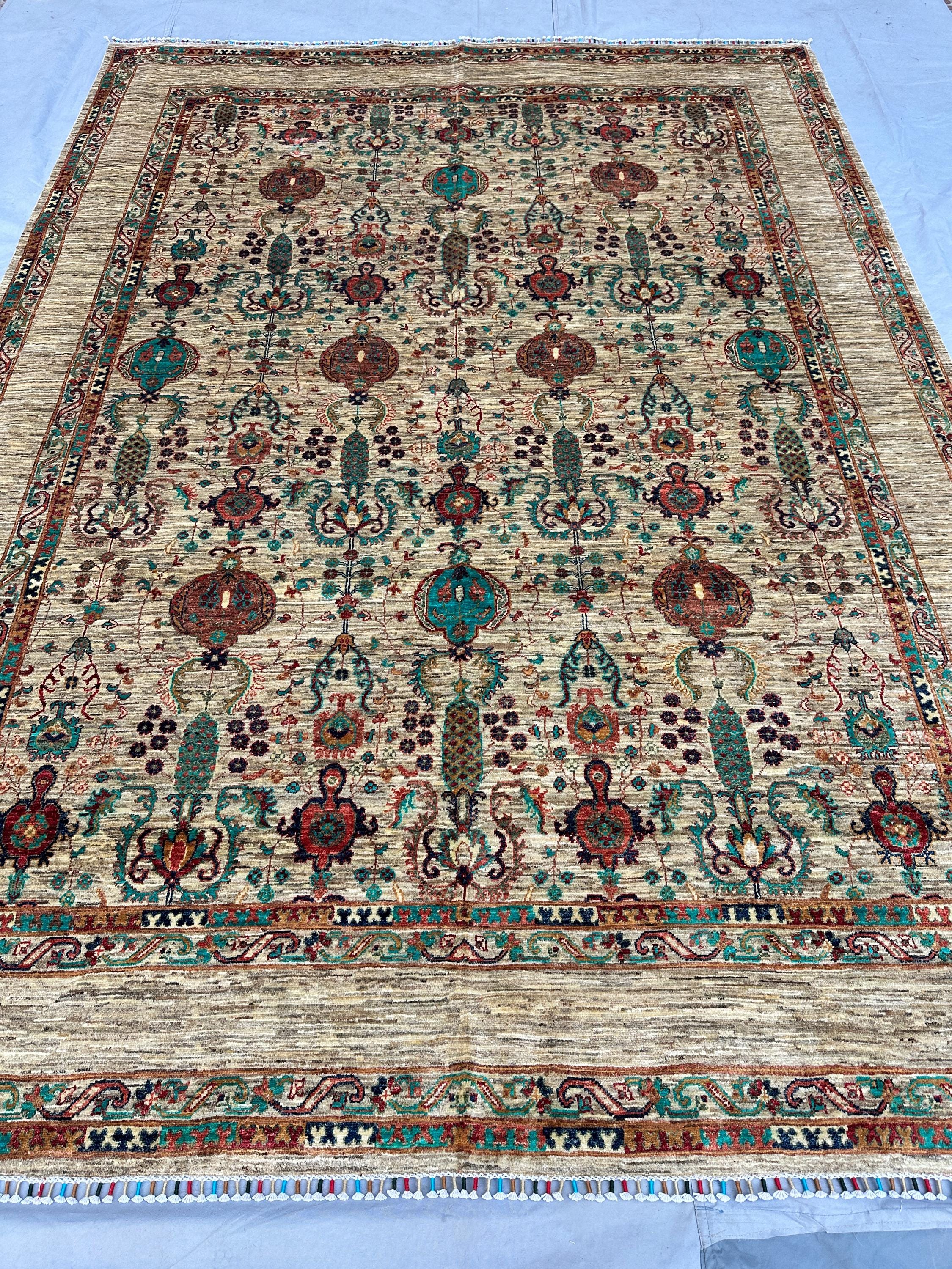 Fine Quality Afghan Sultani Rug 11x8, Hand-Knotted Wool Carpet, Ivory Floral Vase Design, Traditional Living R