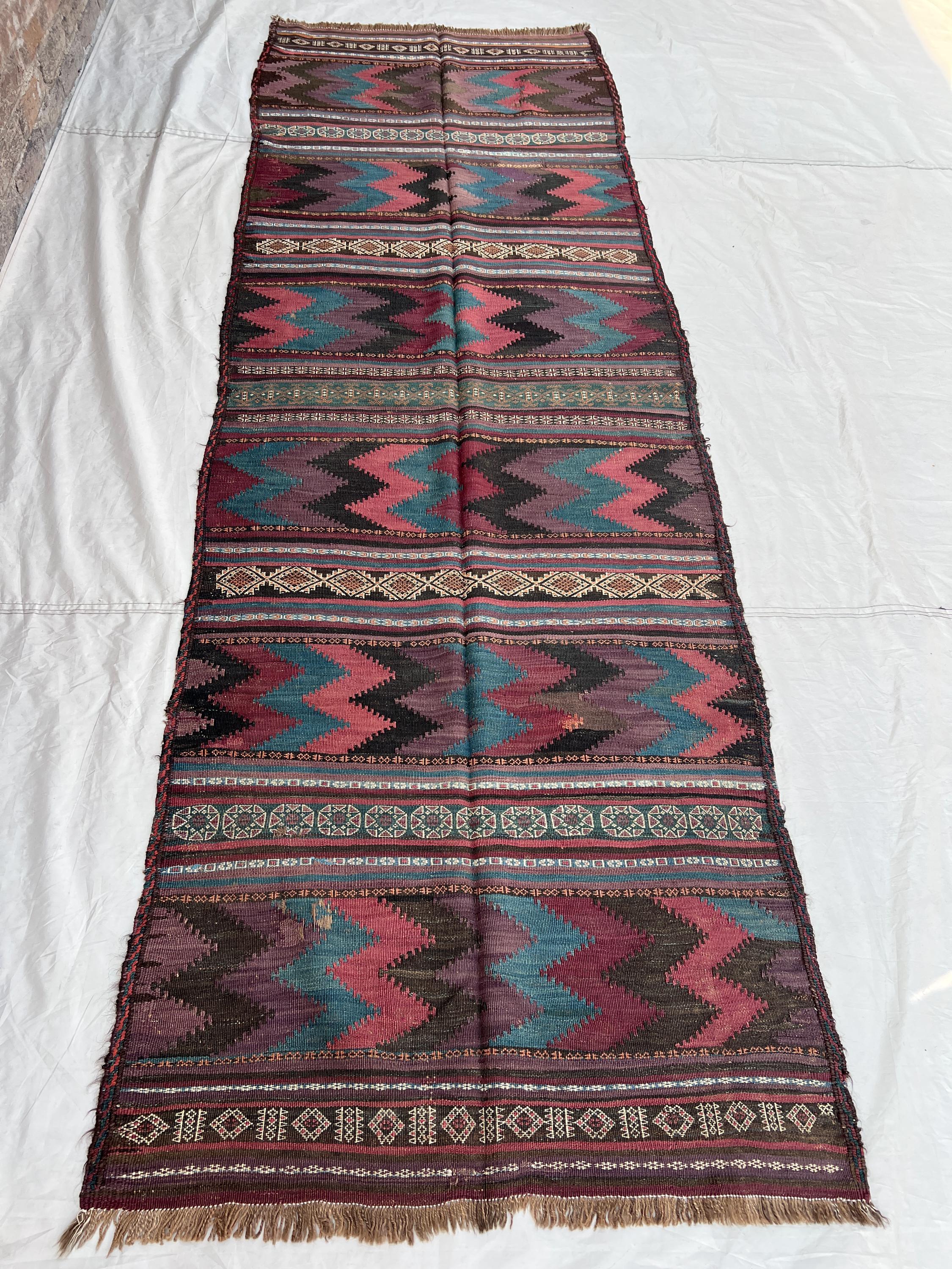 3'3x9'9 Vintage Afghan Kilim Handwoven Wool Flatweave Bold Chevron Zigzag Stripe Burgundy Teal Pink Long Runner Hallway Entryway Living Room