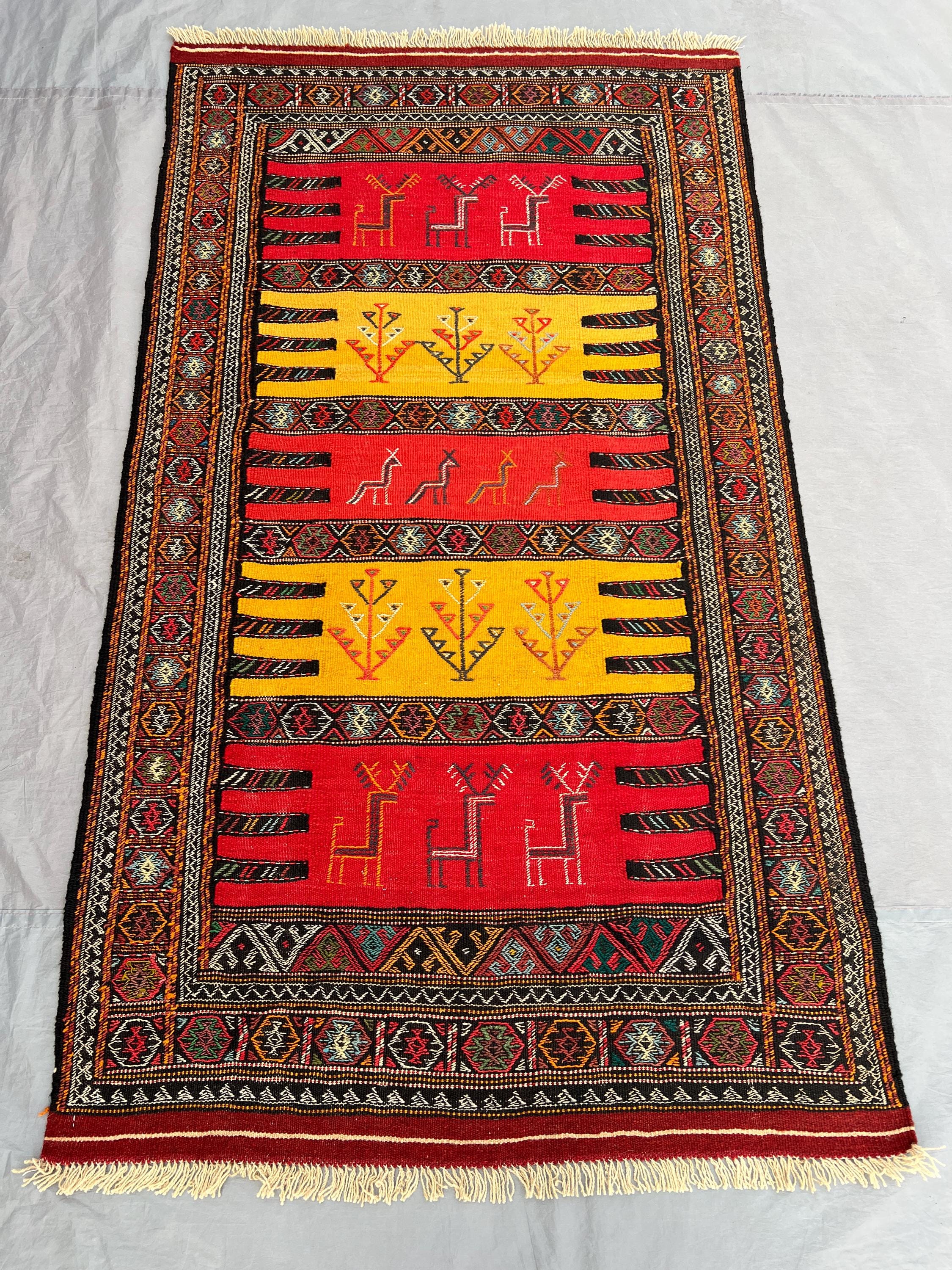 3'5x6'1 Ft Vintage Afghan Baluchi Kilim Flatweave | Red Gold Tree & Animal Motif | Handwoven Wool Tribal Rug f