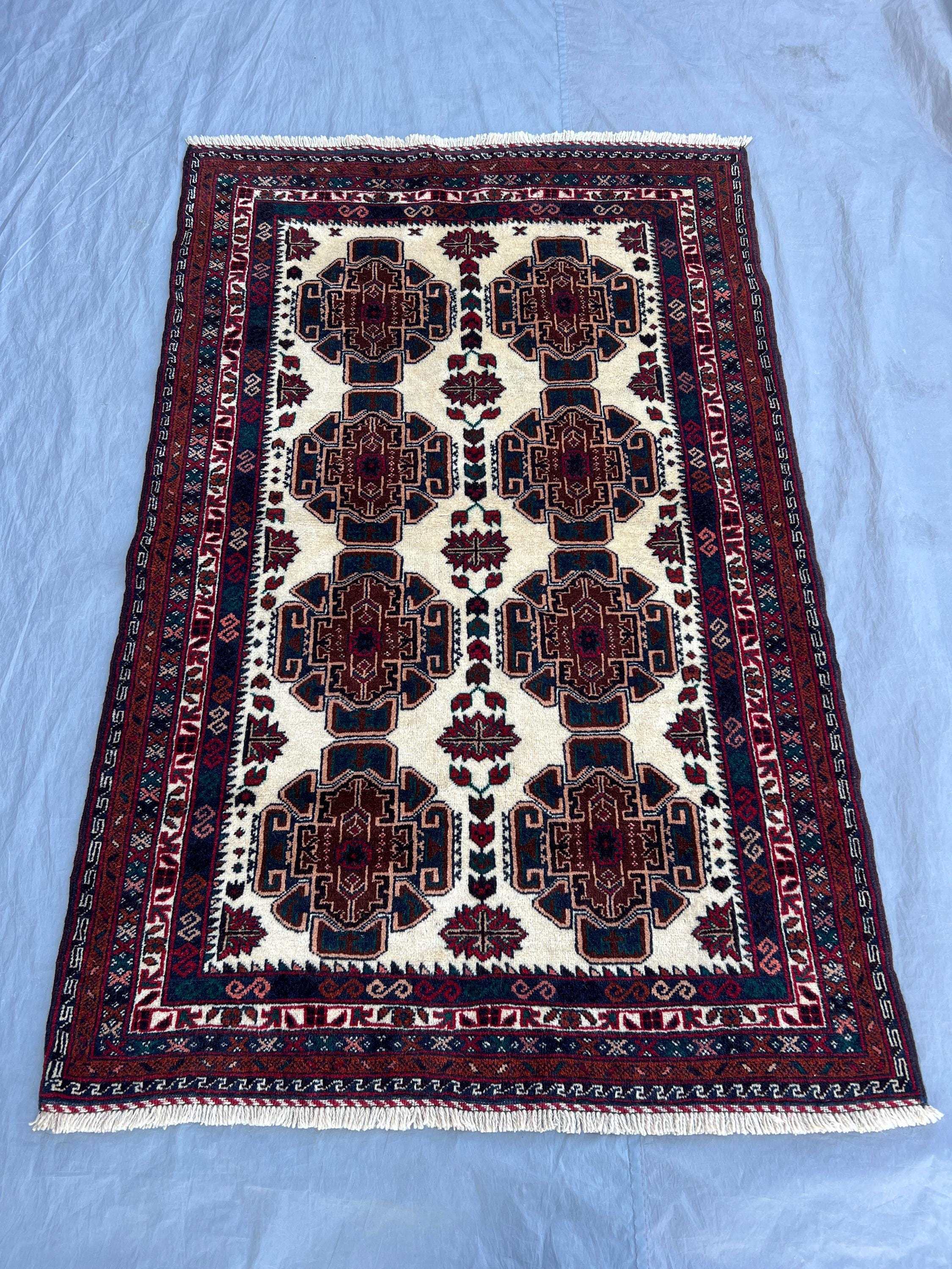 6x3'10 ft Vintage Afghan Hand-Knotted Rug, Tribal Geometric Design, Wool Area Rug, Boho Home Decor, Red and Cream, Handmade Oriental Carpet