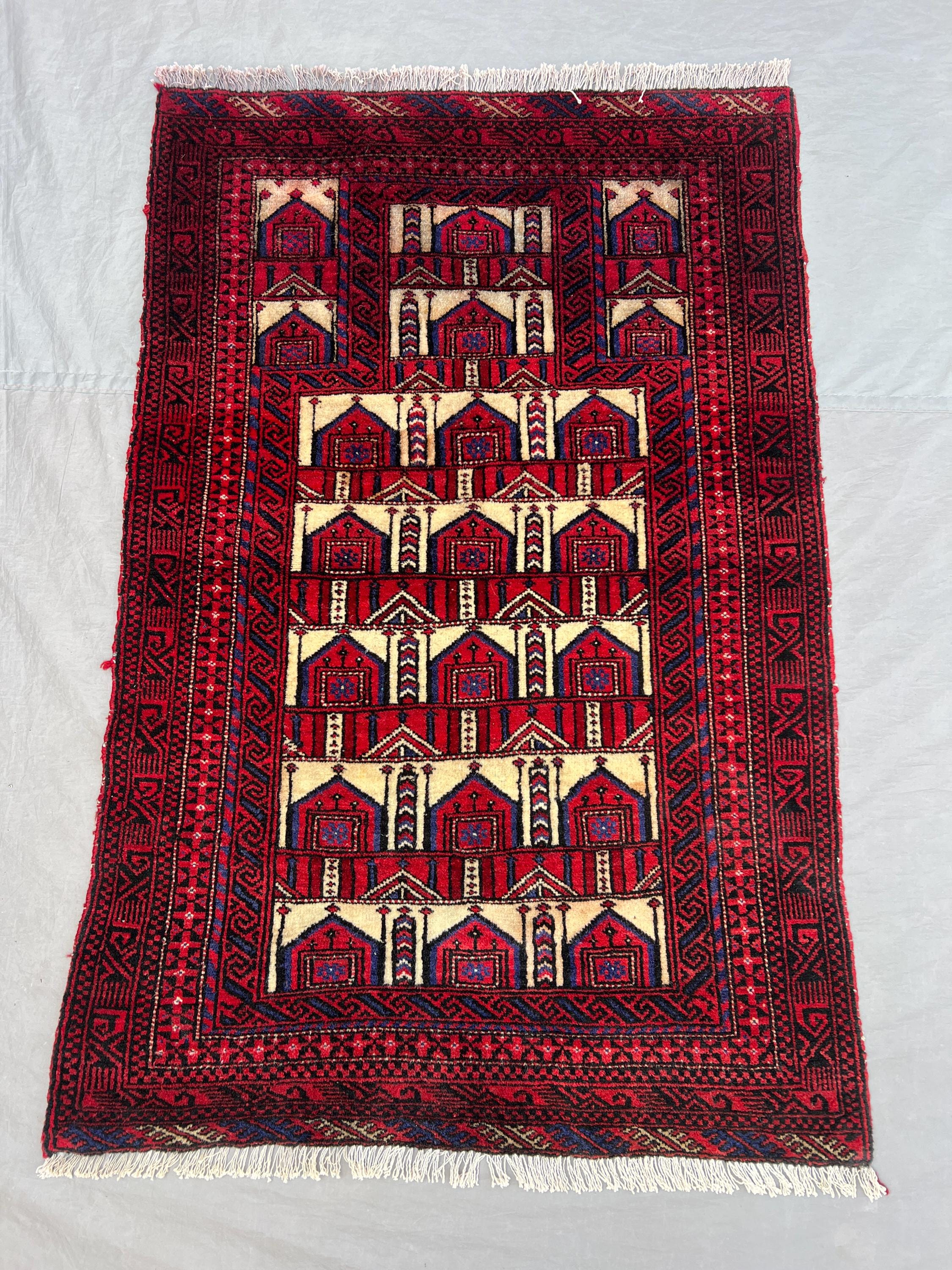 2'8x4 Ft Vintage Afghan Hand Knotted Pile Prayer Rug | Red Ivory Repeating Arch Mihrab Wool Rug | Boho Living Room, Bedroom, Wall Hanging