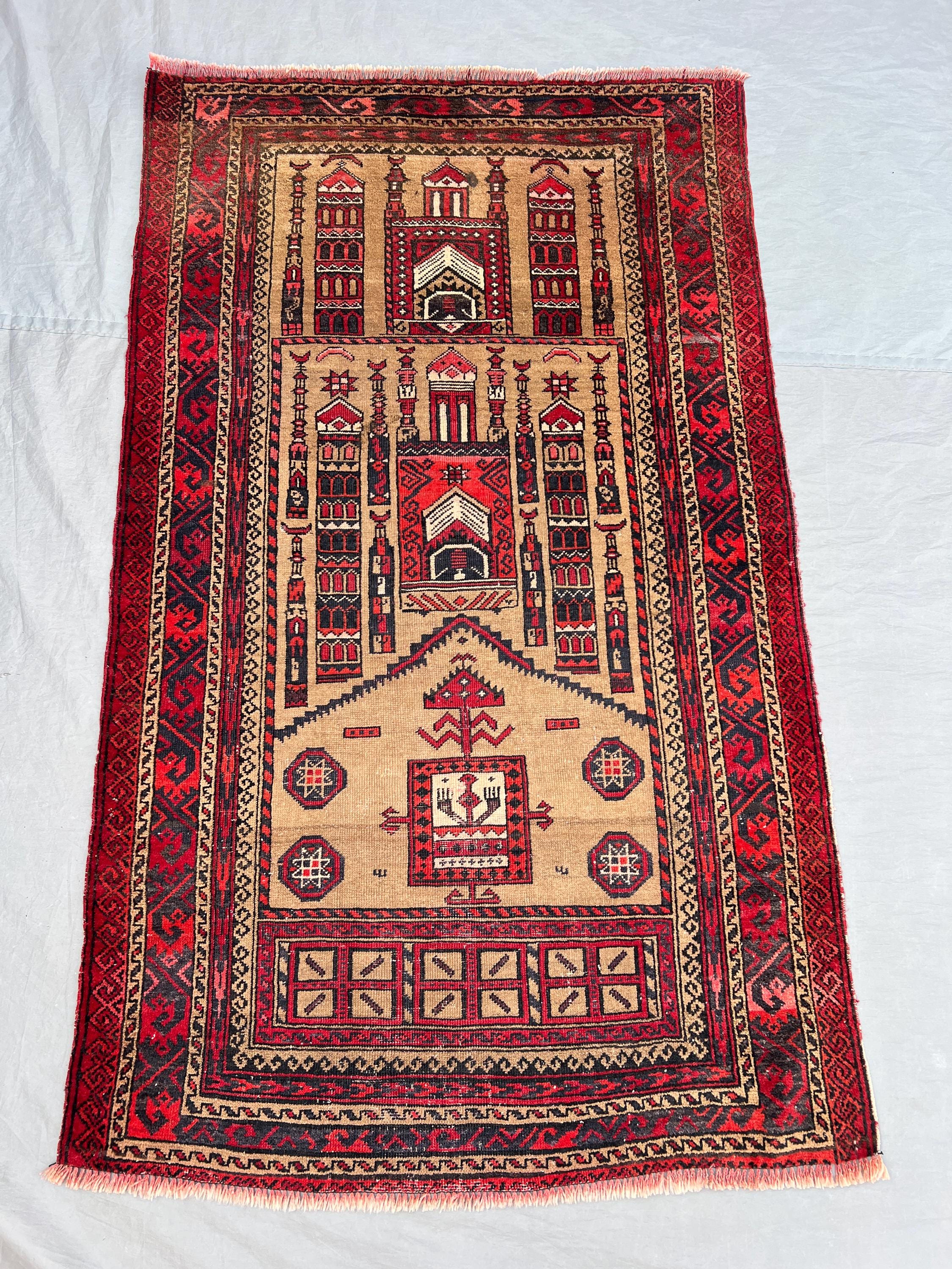 2'10x4'8 ft Vintage Afghan Prayer Rug, Handwoven Wool, Geometric Design, Handknotted, Ideal for Prayer Space, Entryway, or Small Area Accent
